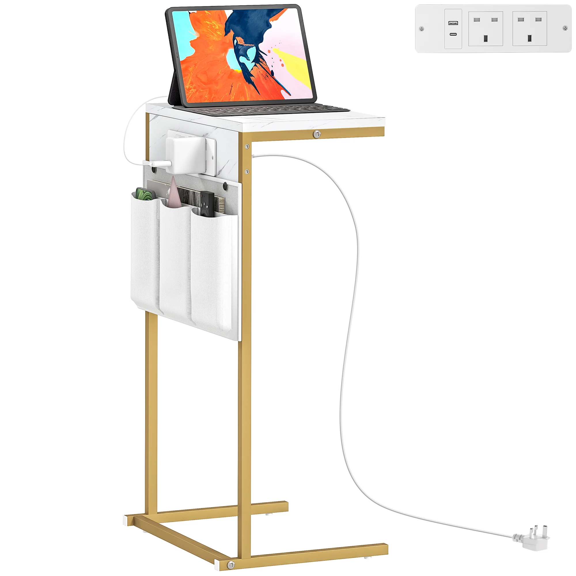 HOMCOM C-Shaped Side Table with Charging Station, Modern Bedside Table