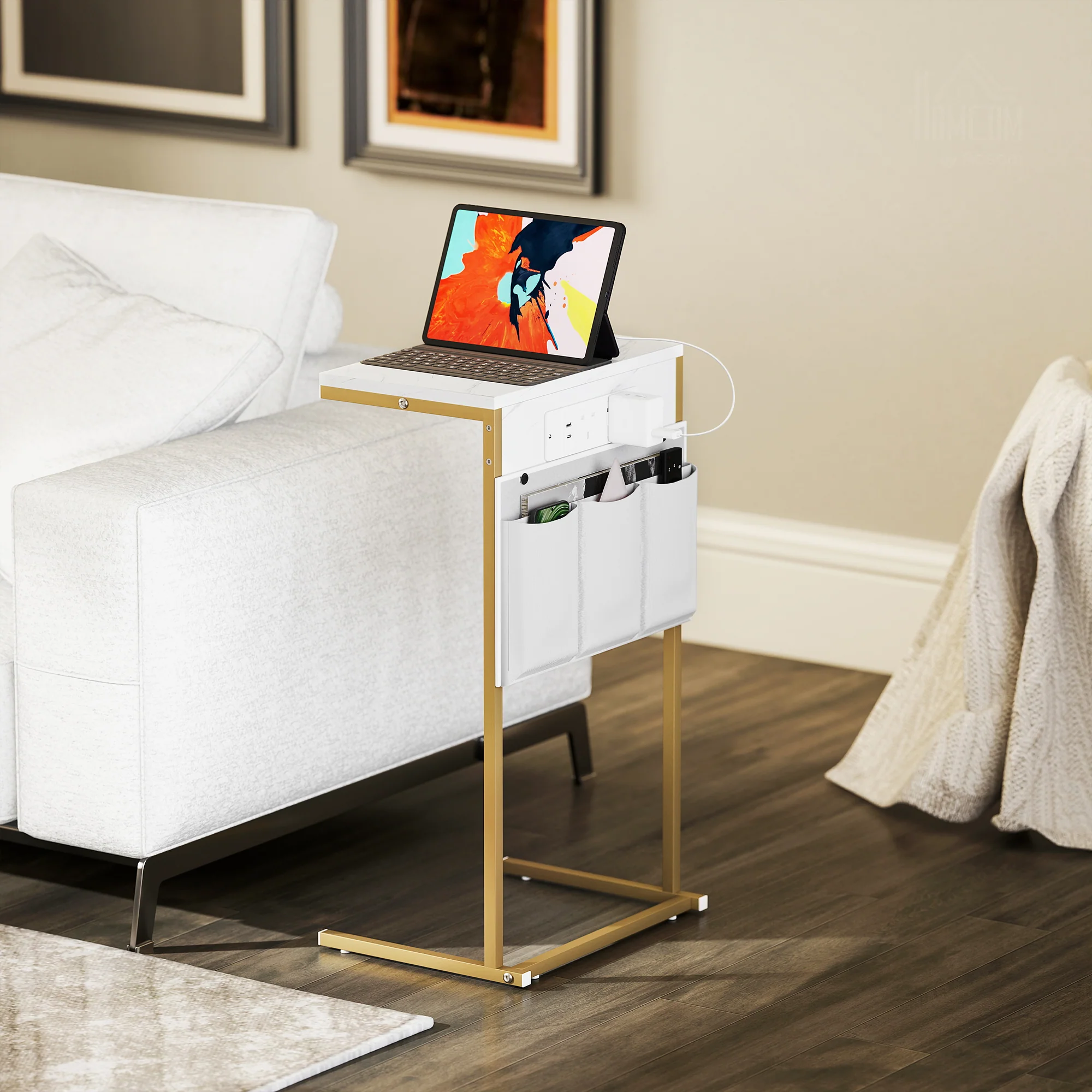 HOMCOM C-Shaped Side Table with Charging Station, Modern Bedside Table - Image 2