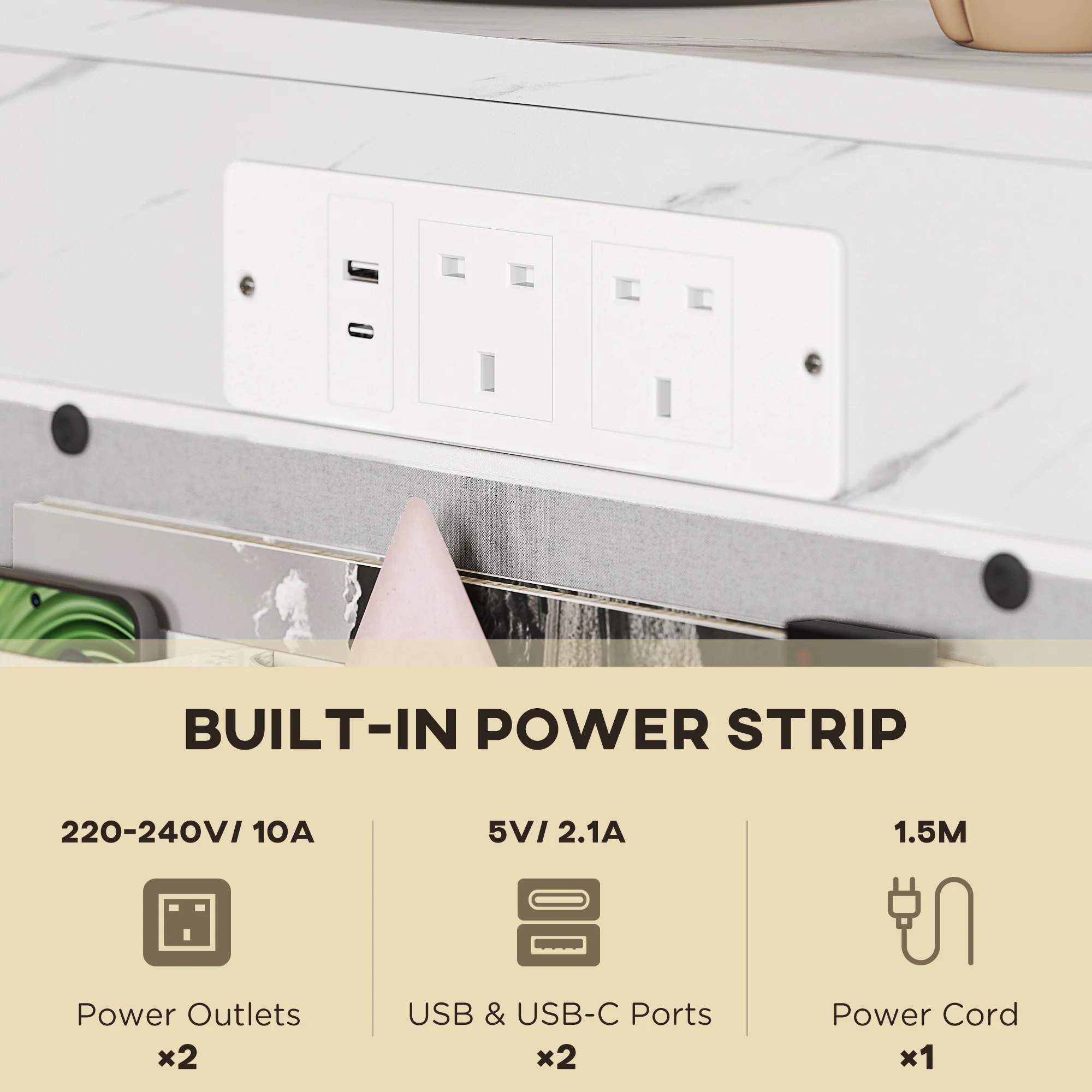 HOMCOM C-Shaped Side Table with Charging Station, Modern Bedside Table - Image 3