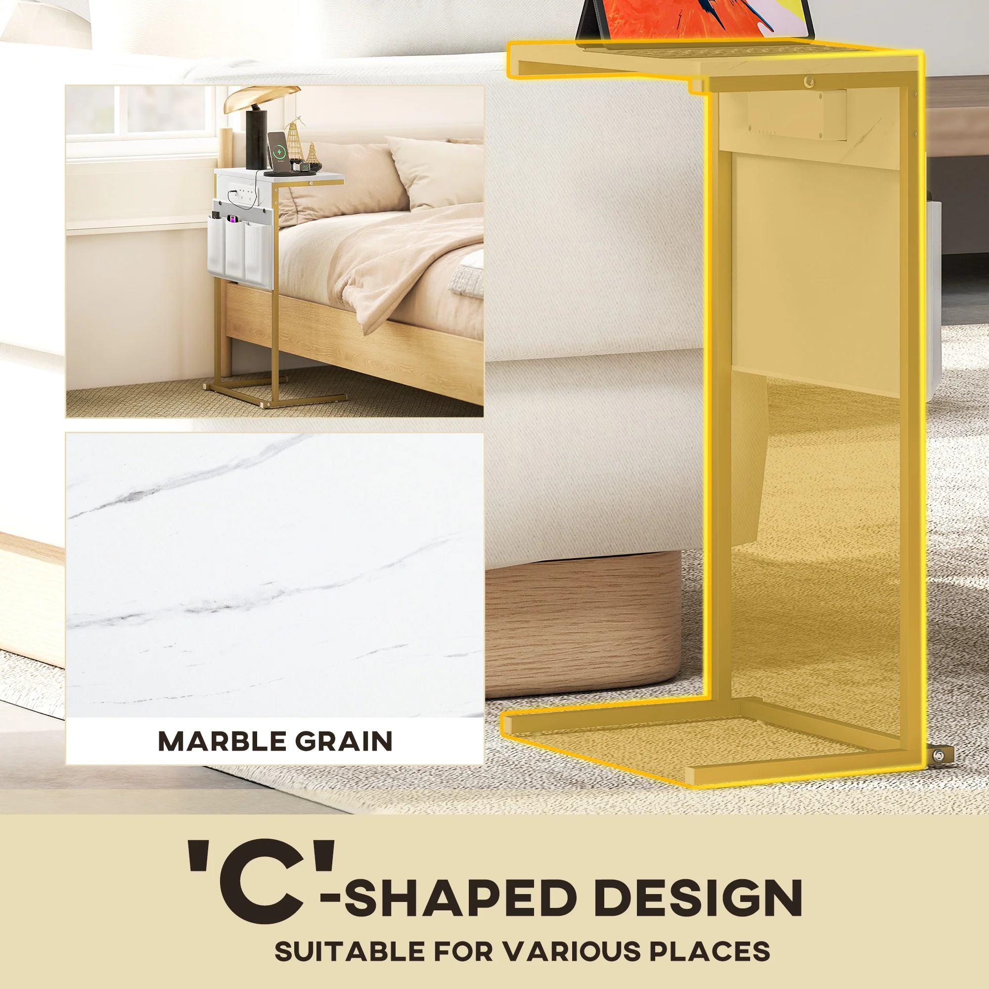 HOMCOM C-Shaped Side Table with Charging Station, Modern Bedside Table - Image 4