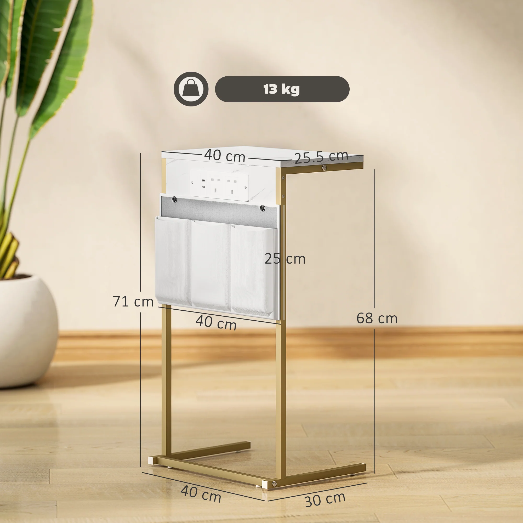 HOMCOM C-Shaped Side Table with Charging Station, Modern Bedside Table - Image 5