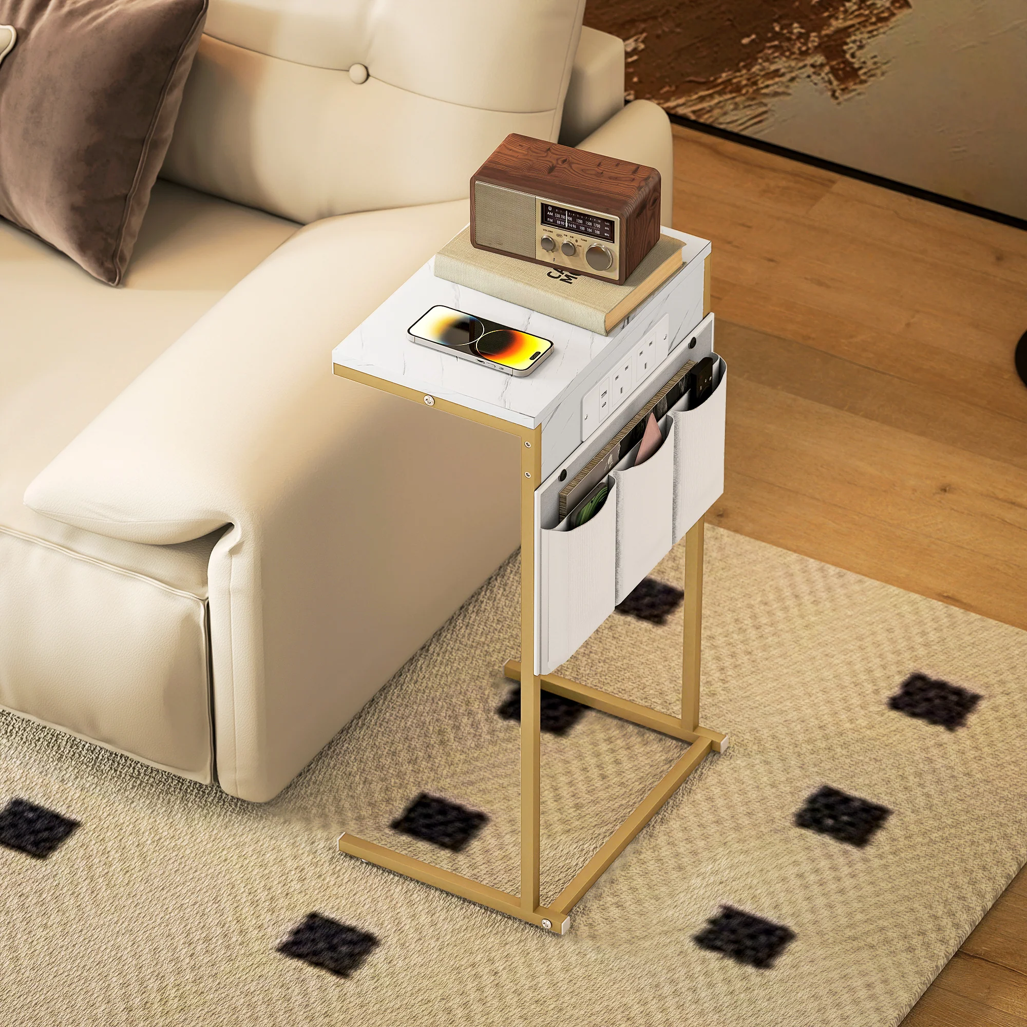 HOMCOM C-Shaped Side Table with Charging Station, Modern Bedside Table - Image 7
