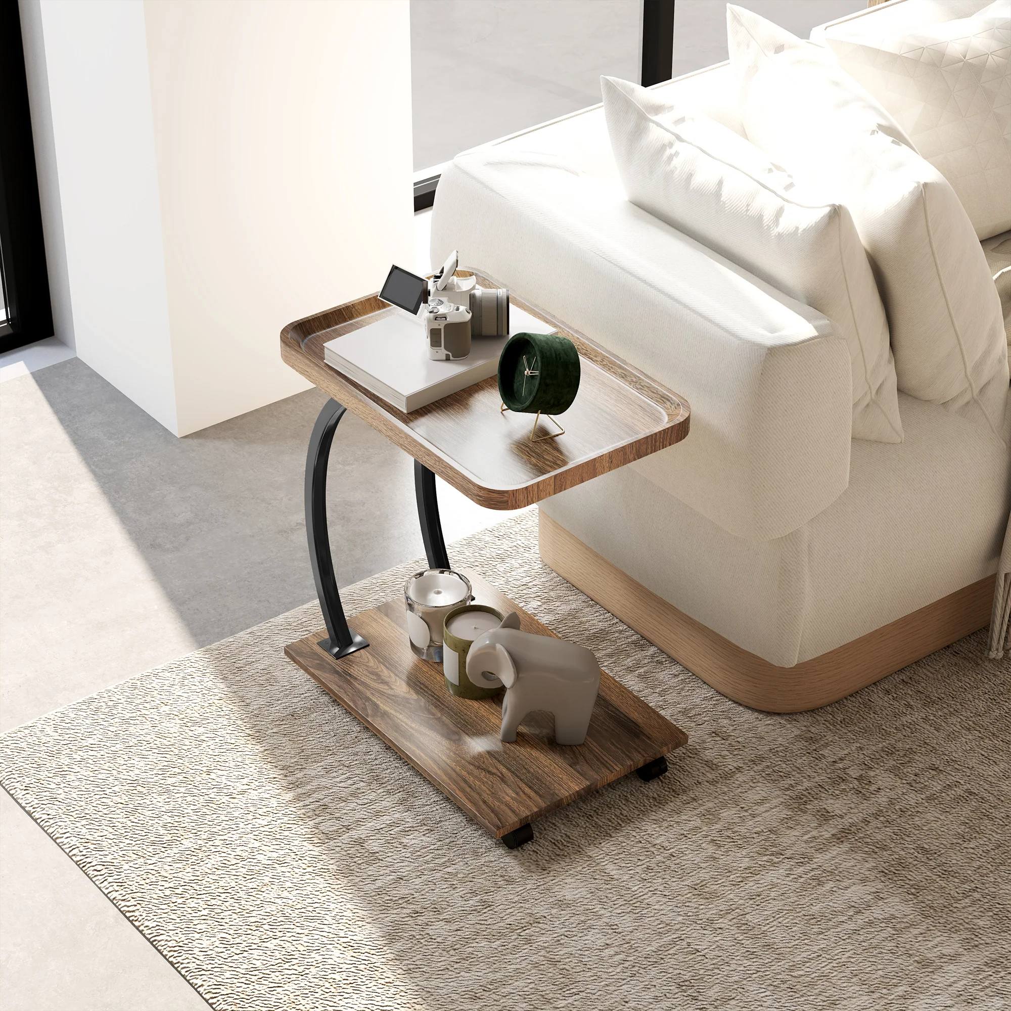 HOMCOM C Shaped Side Table with Storage & Wheels for Living Room, Brown - Image 2