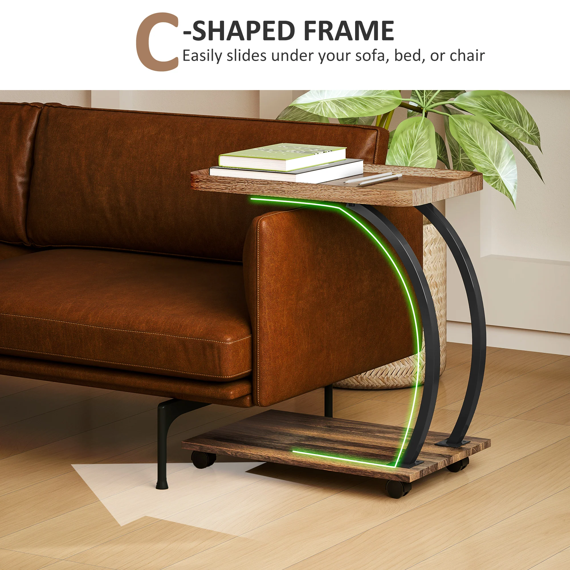 HOMCOM C Shaped Side Table with Storage & Wheels for Living Room, Brown - Image 3