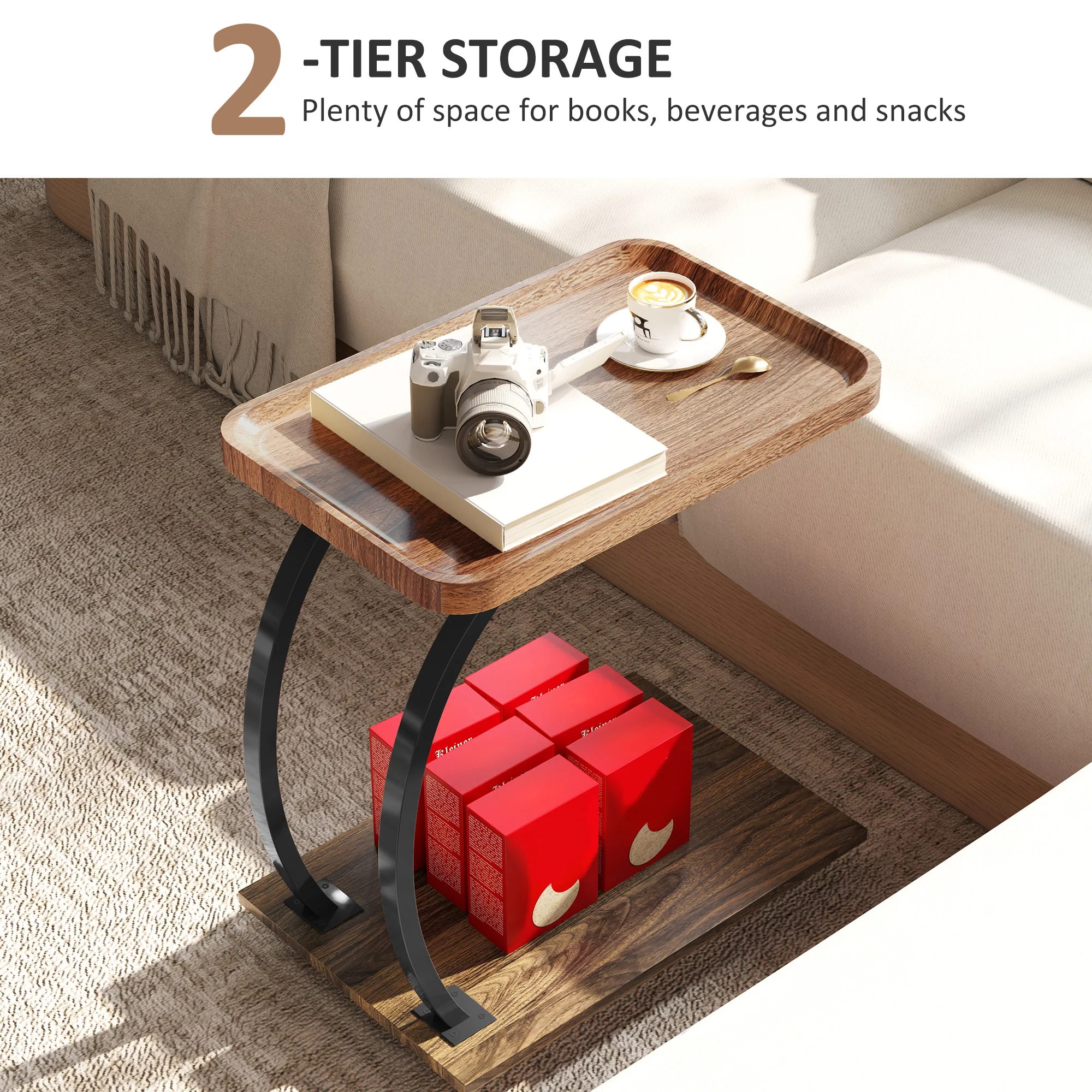 HOMCOM C Shaped Side Table with Storage & Wheels for Living Room, Brown - Image 4