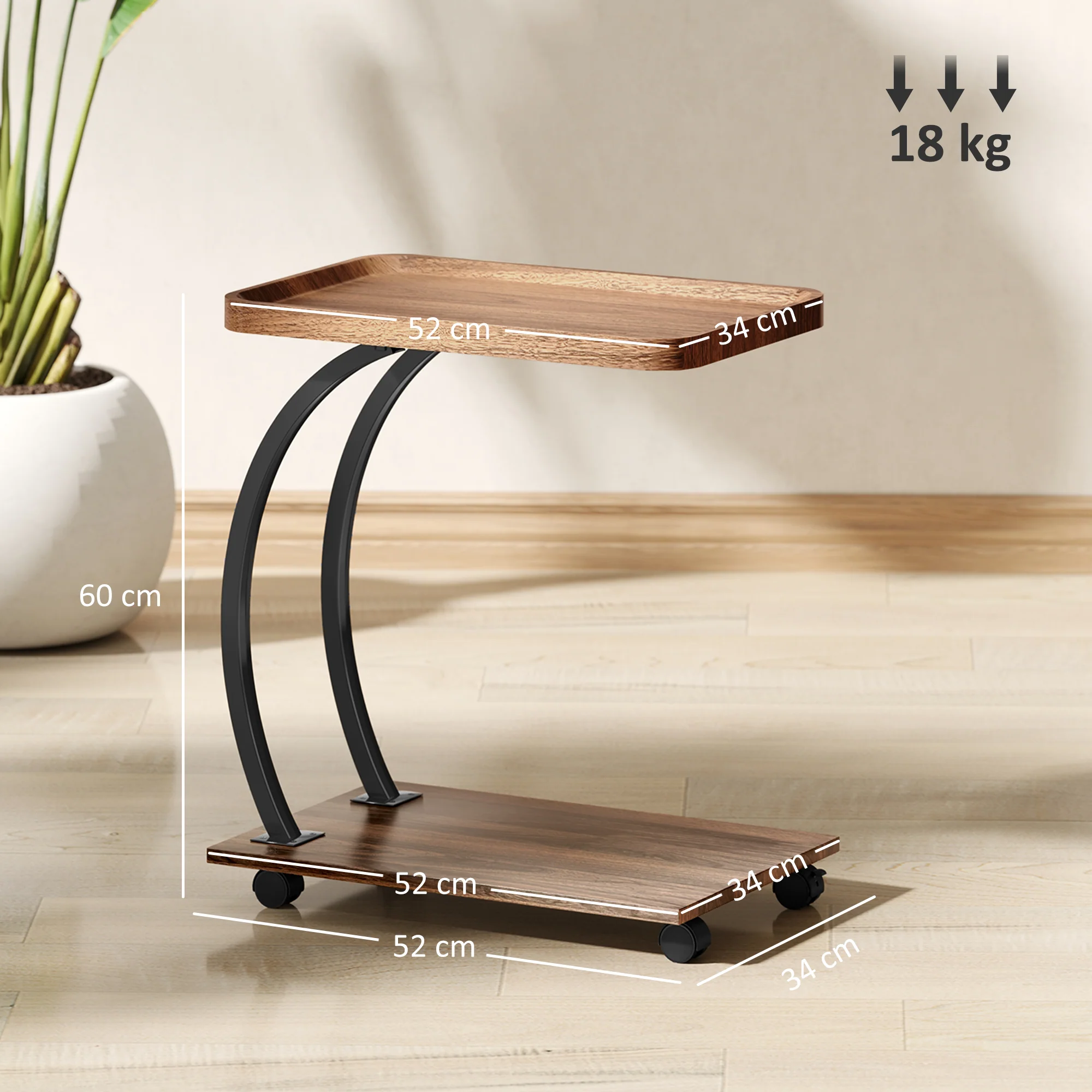 HOMCOM C Shaped Side Table with Storage & Wheels for Living Room, Brown - Image 5
