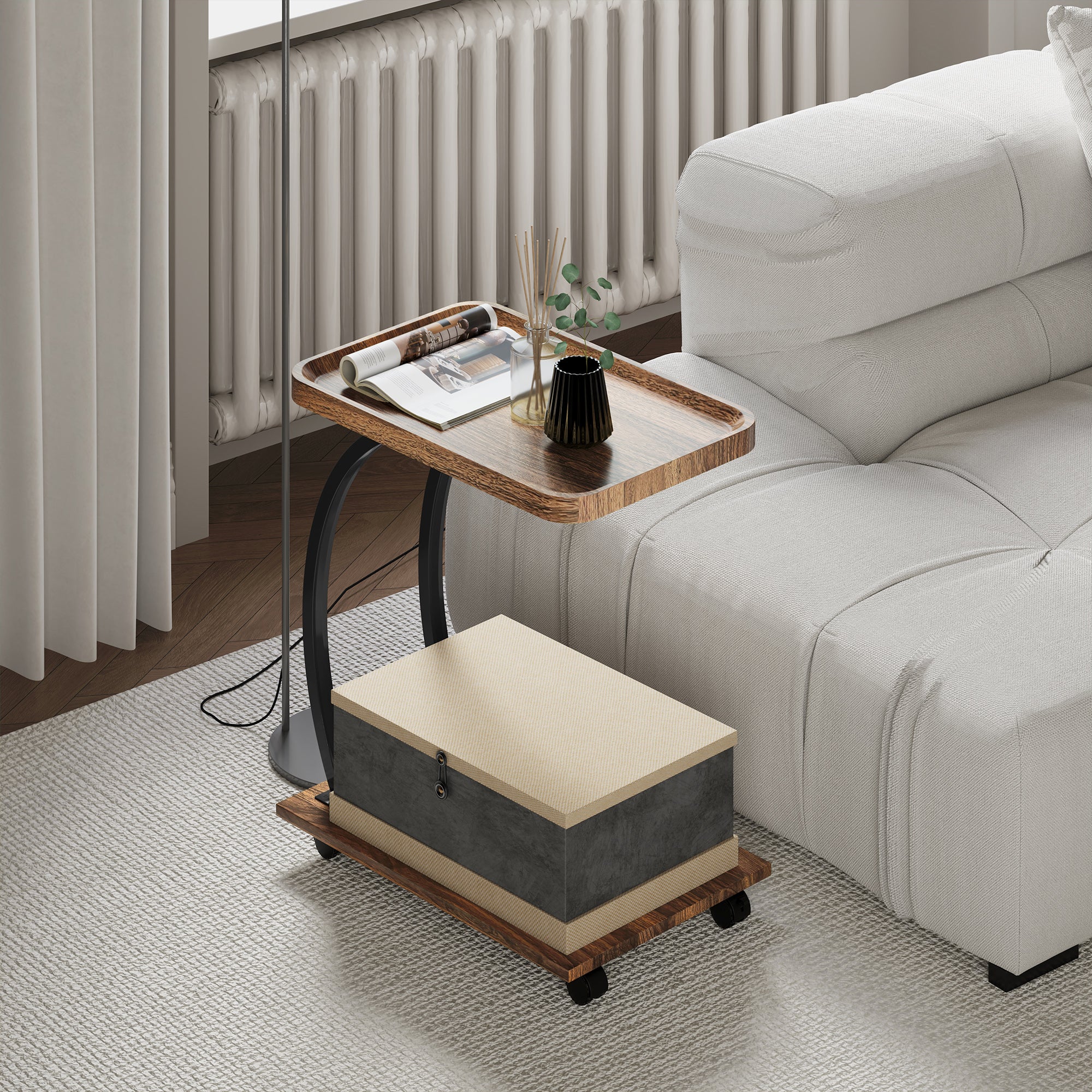 HOMCOM C Shaped Side Table with Storage & Wheels for Living Room, Brown - Image 8