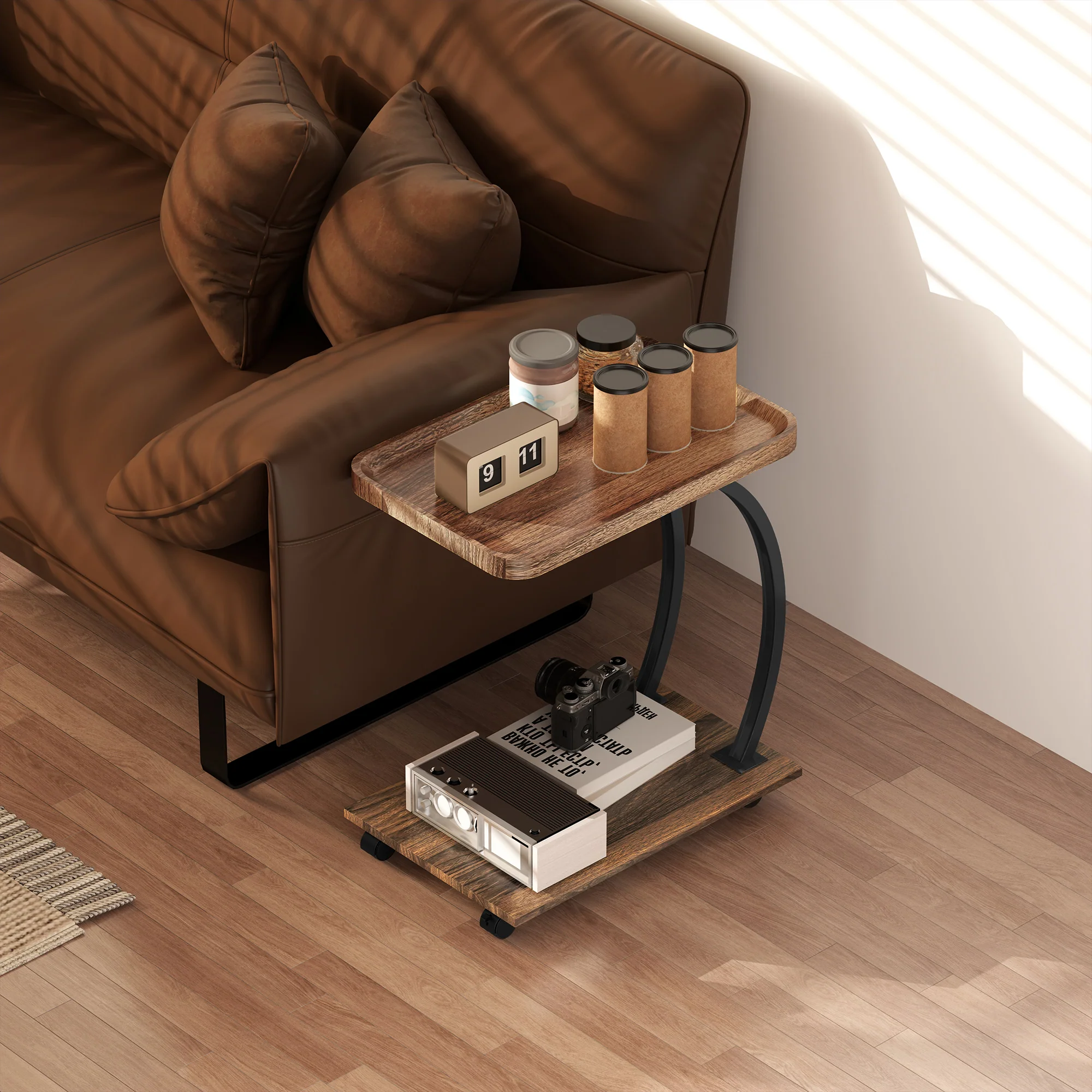 HOMCOM C Shaped Side Table with Storage & Wheels for Living Room, Brown - Image 9
