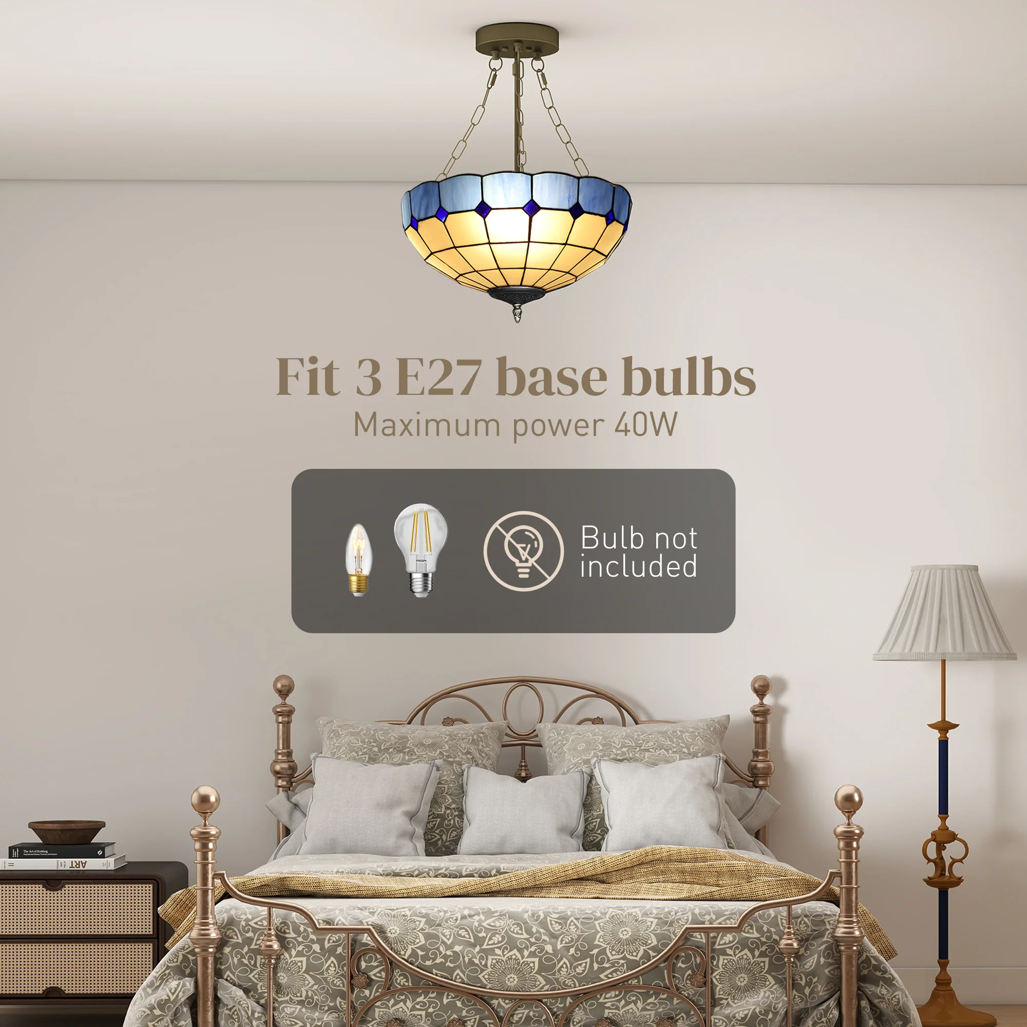 HOMCOM Ceiling Light, Vintage Tiffany Style Chandelier With 3 E27 Sockets - Image 4