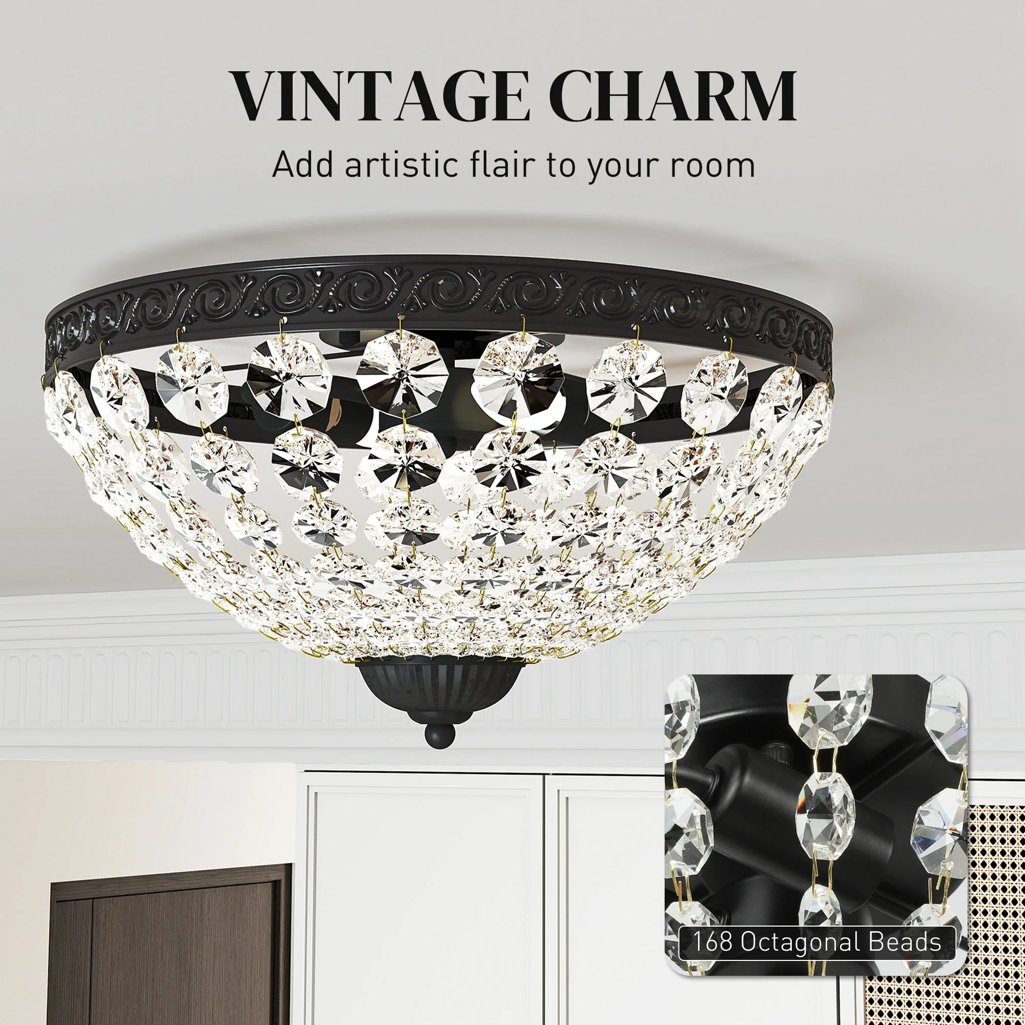 HOMCOM Chandelier Crystal Ceiling Light With E14 Base 2-Lights, Black - Image 3