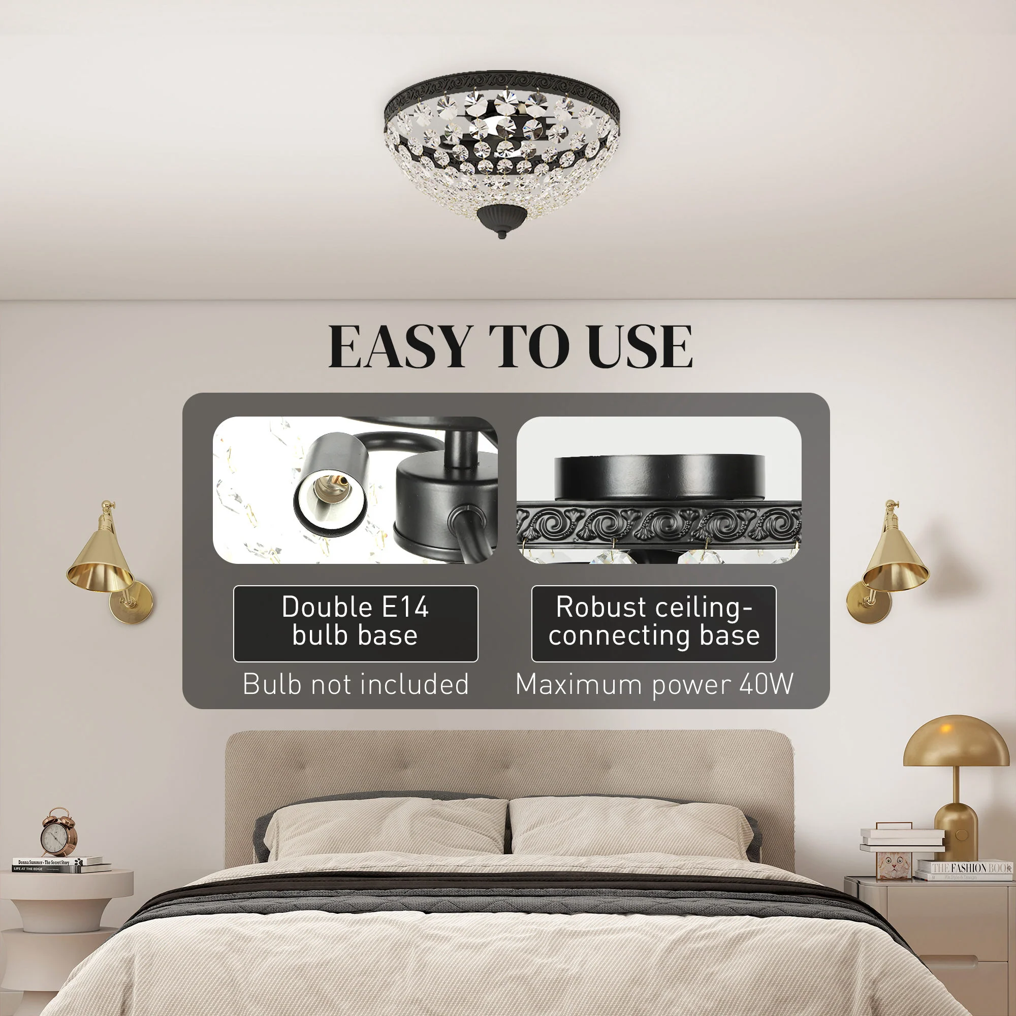 HOMCOM Chandelier Crystal Ceiling Light With E14 Base 2-Lights, Black - Image 4
