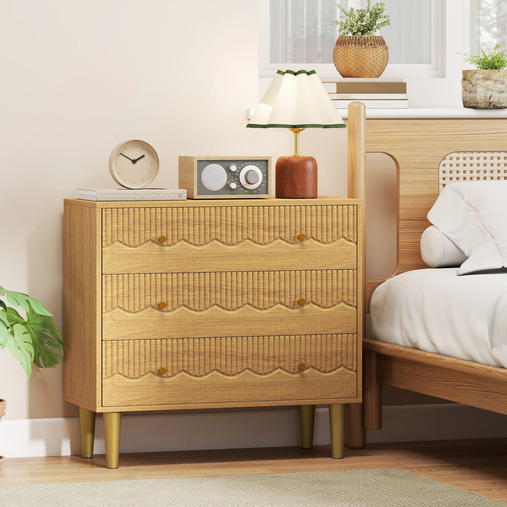 HOMCOM Chest of Drawers, 3 Drawer Dresser Steel Legs and Wooden Top, Oak - Image 2