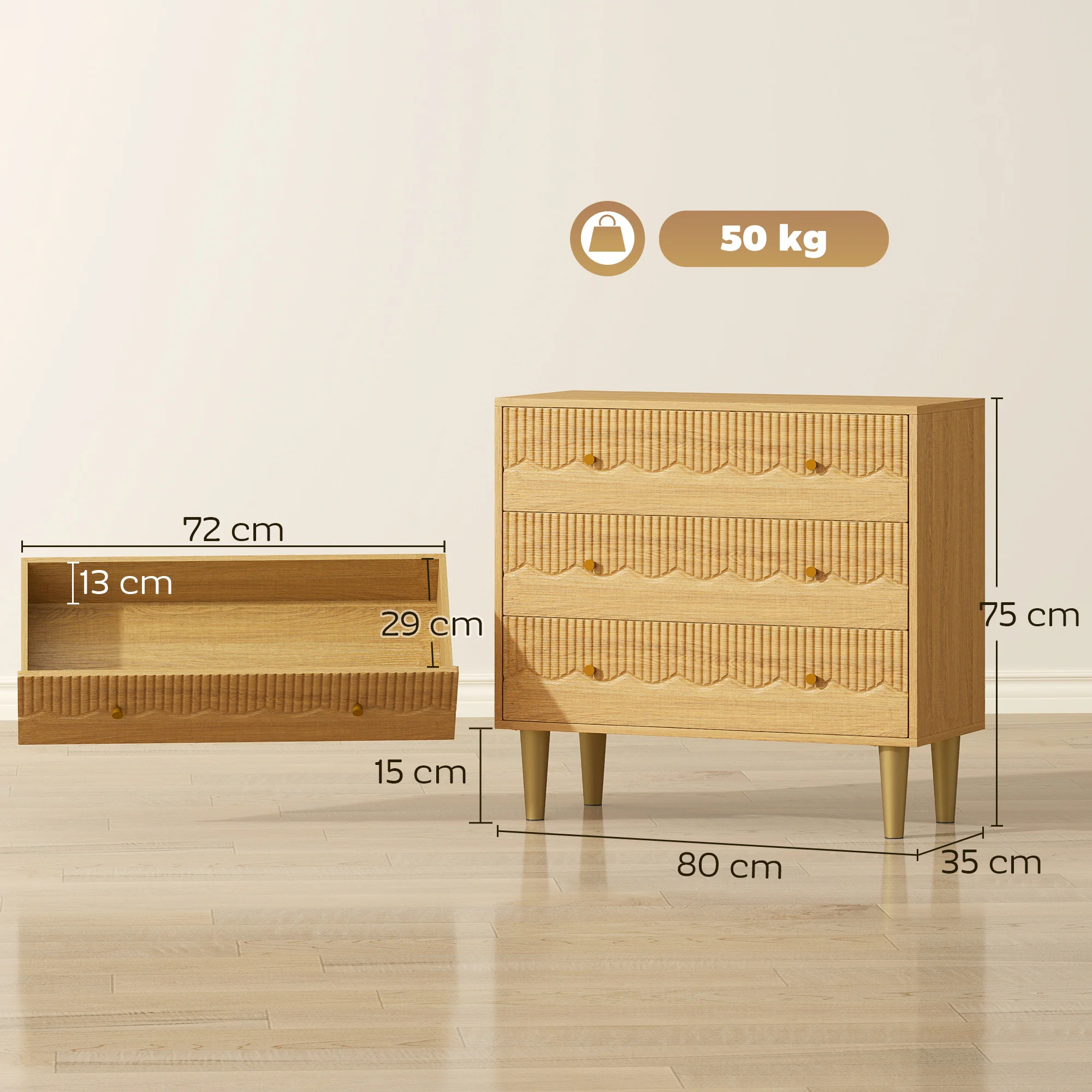 HOMCOM Chest of Drawers, 3 Drawer Dresser Steel Legs and Wooden Top, Oak - Image 3