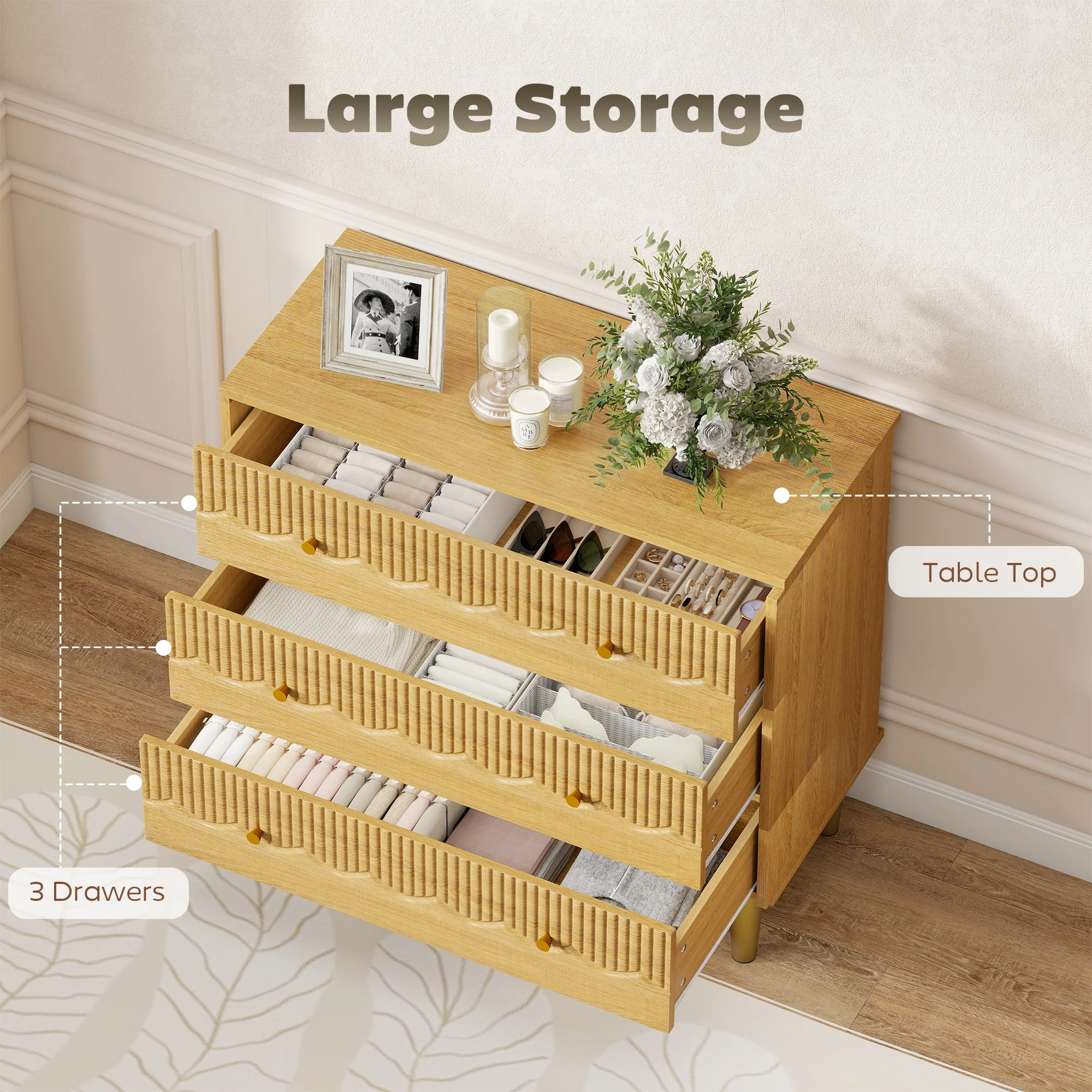 HOMCOM Chest of Drawers, 3 Drawer Dresser Steel Legs and Wooden Top, Oak - Image 5