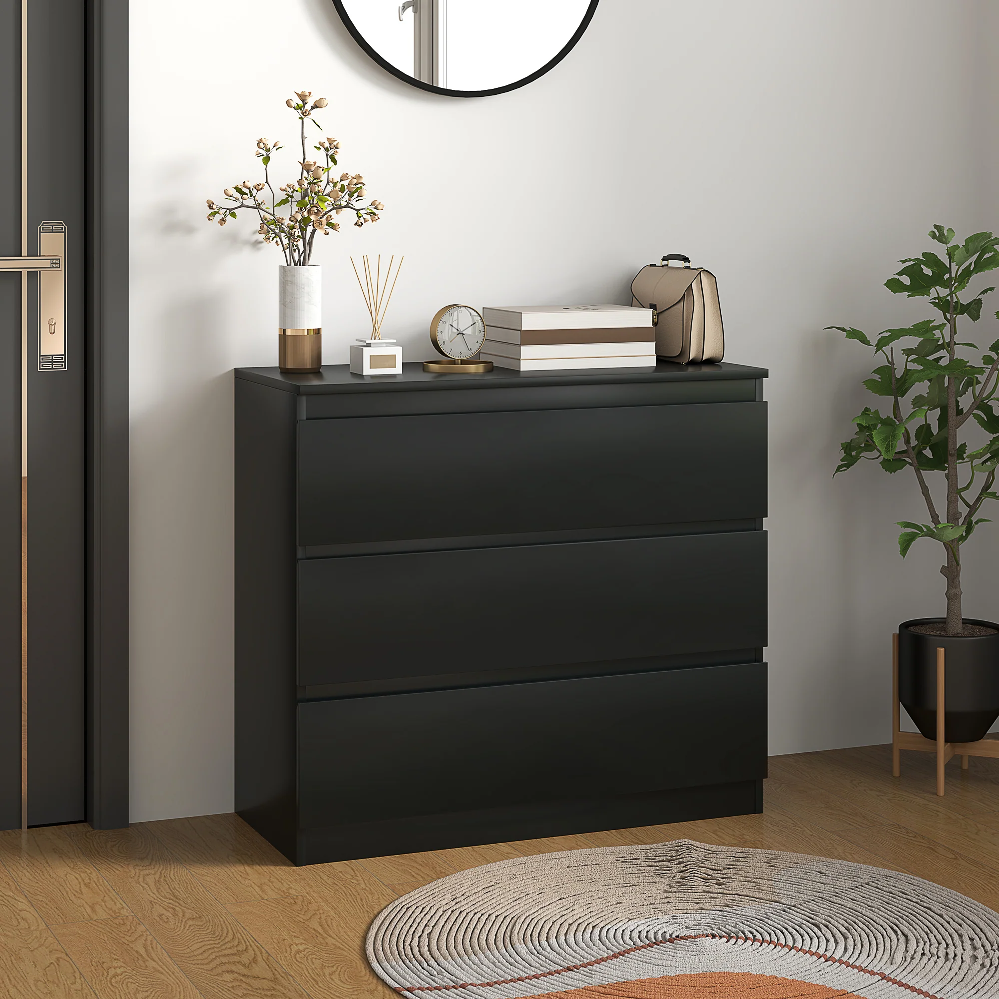 HOMCOM Chest Of Drawers, 3 Drawer Storage Cabinet Unit For Bedroom, Black - Image 2