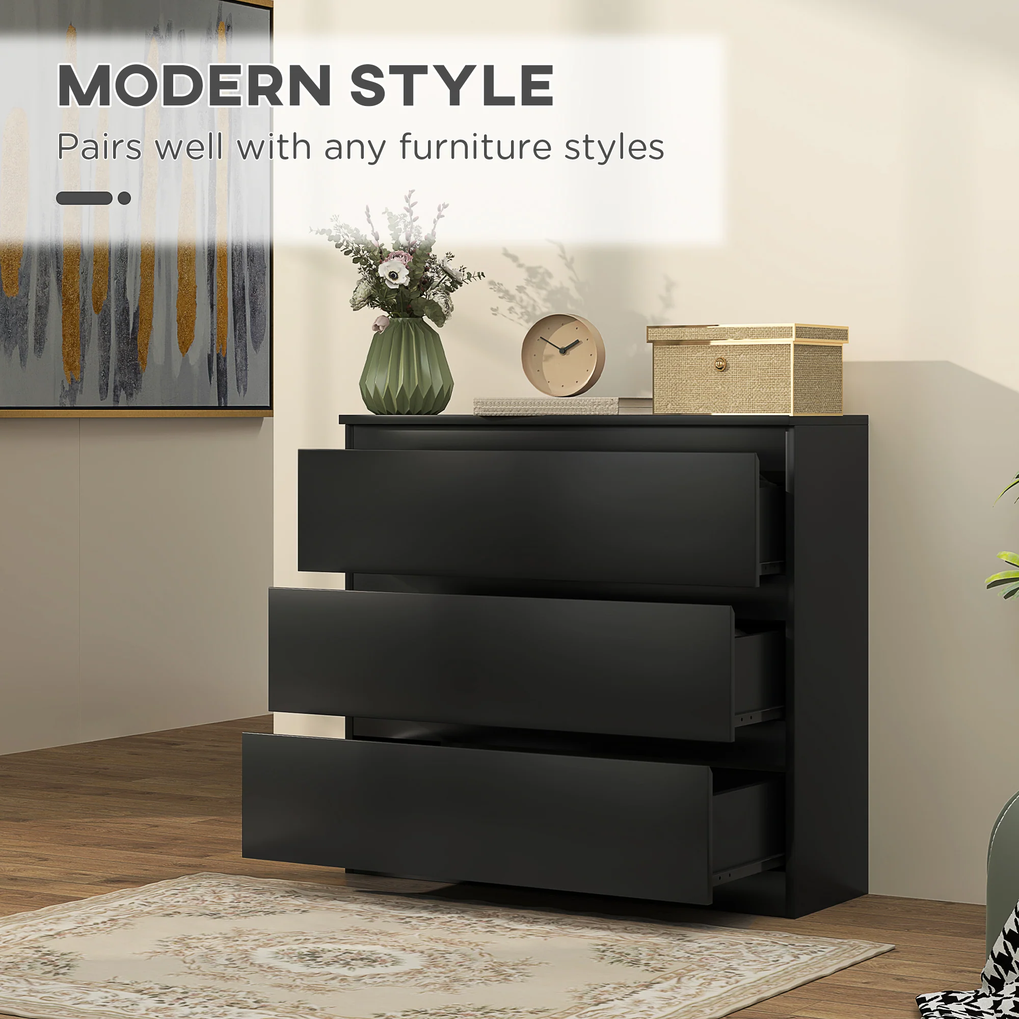 HOMCOM Chest Of Drawers, 3 Drawer Storage Cabinet Unit For Bedroom, Black - Image 3