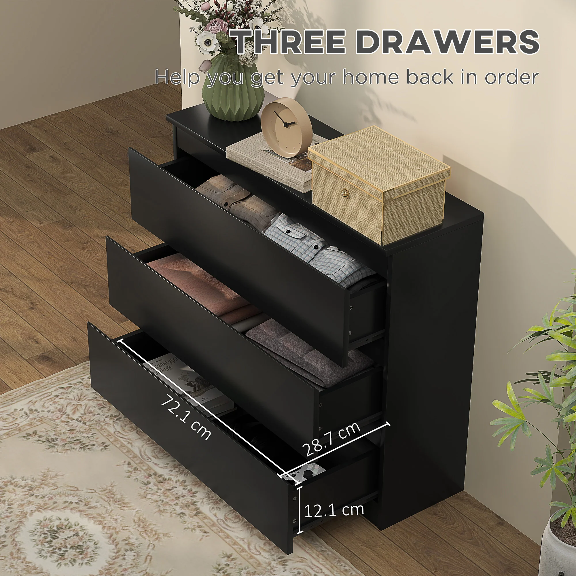 HOMCOM Chest Of Drawers, 3 Drawer Storage Cabinet Unit For Bedroom, Black - Image 4