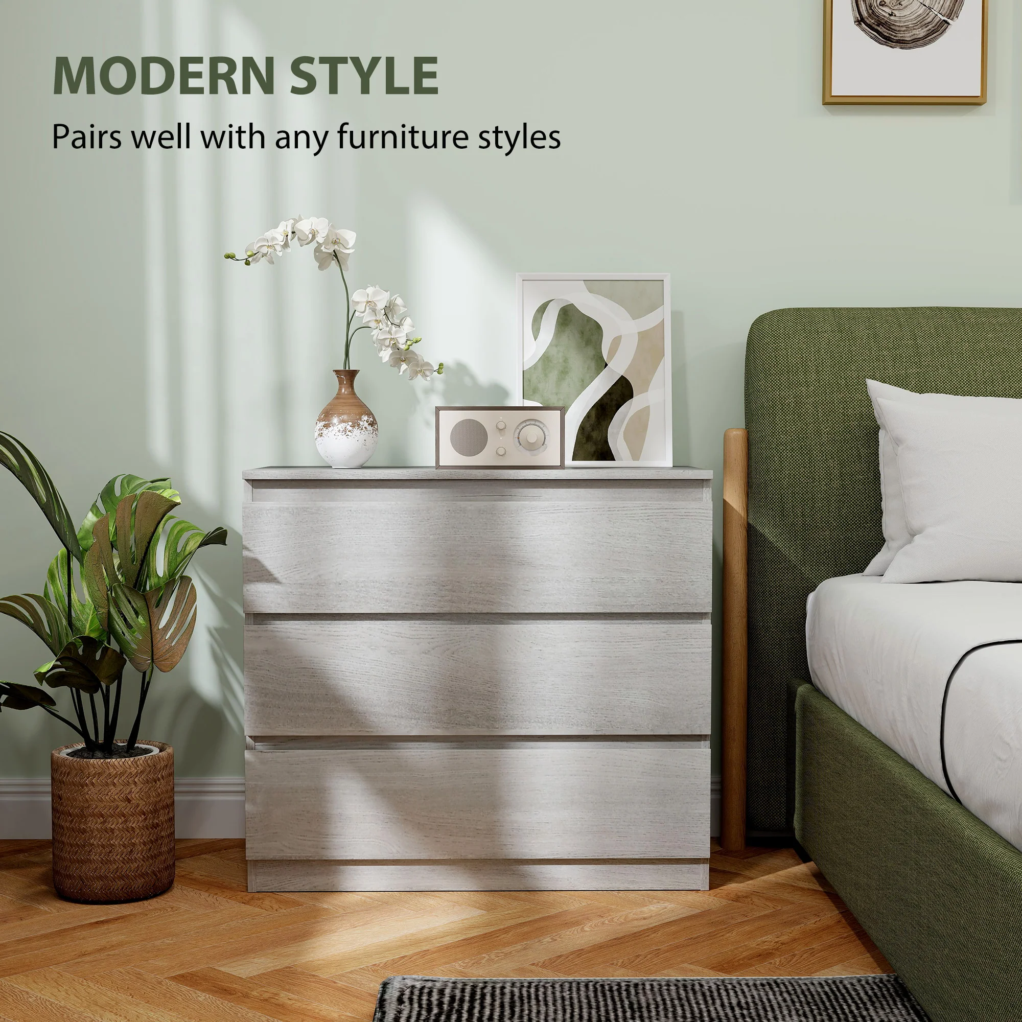 HOMCOM Chest of Drawers, 3 Drawer Storage Cabinet Unit for Bedroom, Grey - Image 3