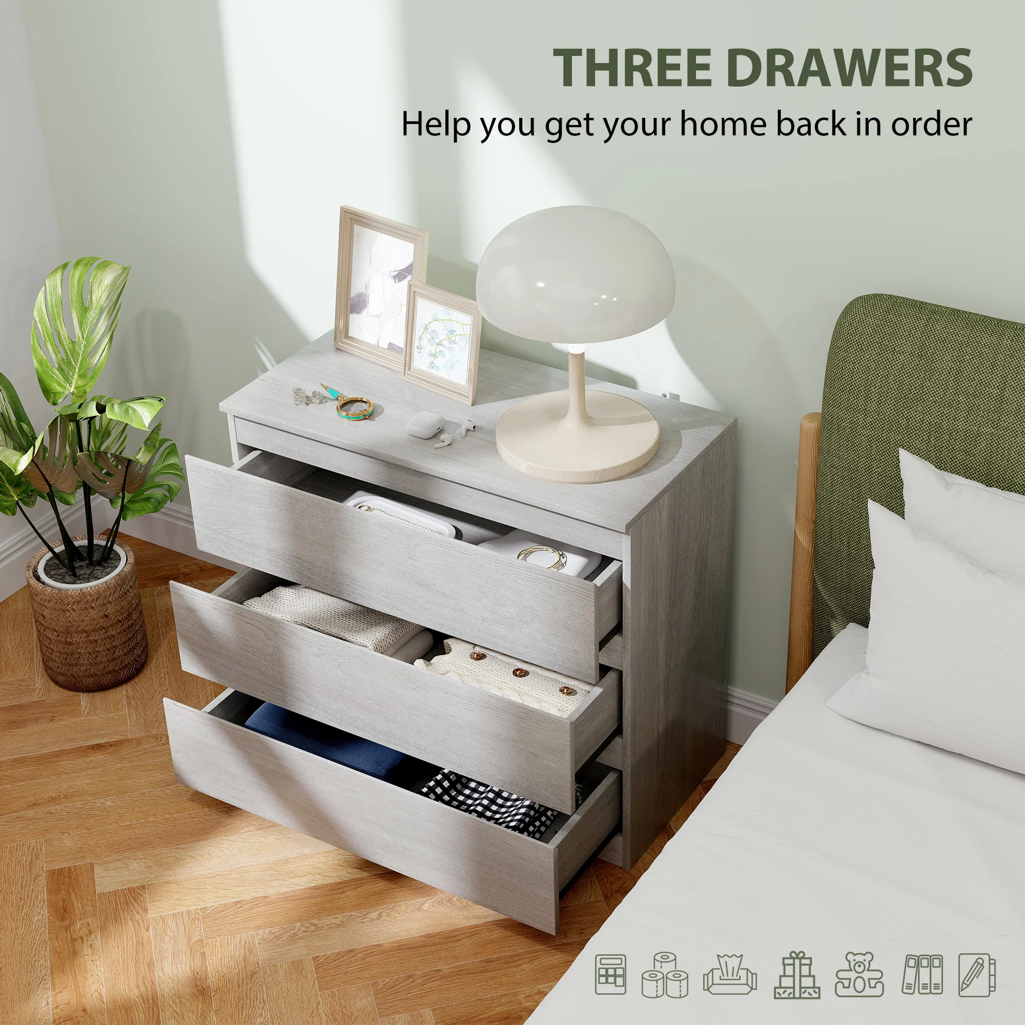 HOMCOM Chest of Drawers, 3 Drawer Storage Cabinet Unit for Bedroom, Grey - Image 4
