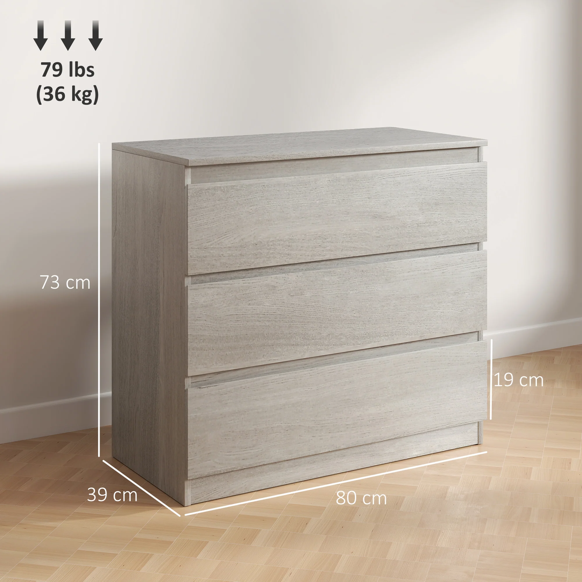 HOMCOM Chest of Drawers, 3 Drawer Storage Cabinet Unit for Bedroom, Grey - Image 5