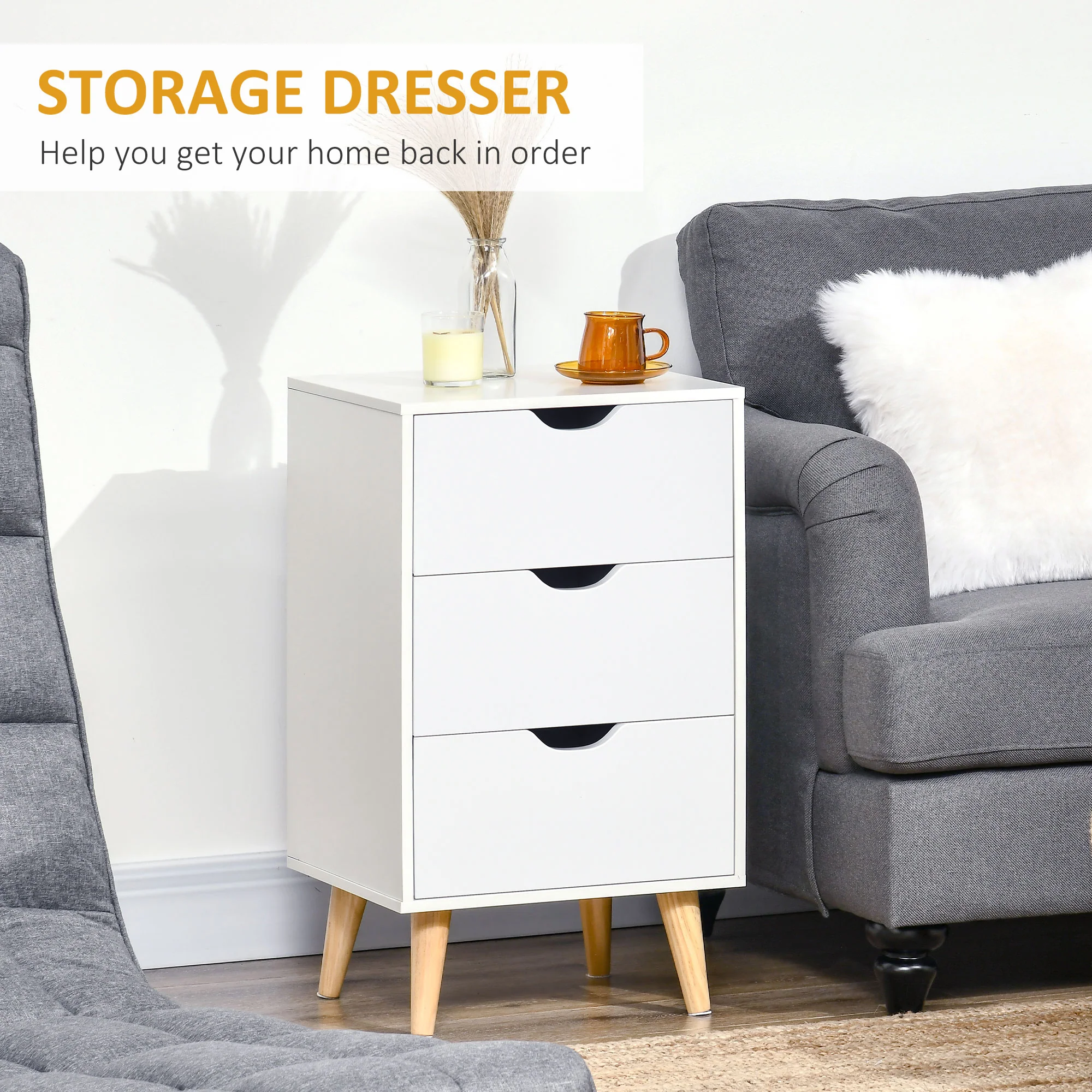 HOMCOM Chest of Drawers, 3 Drawer Unit Storage Chest Bedroom, Cream White - Image 3