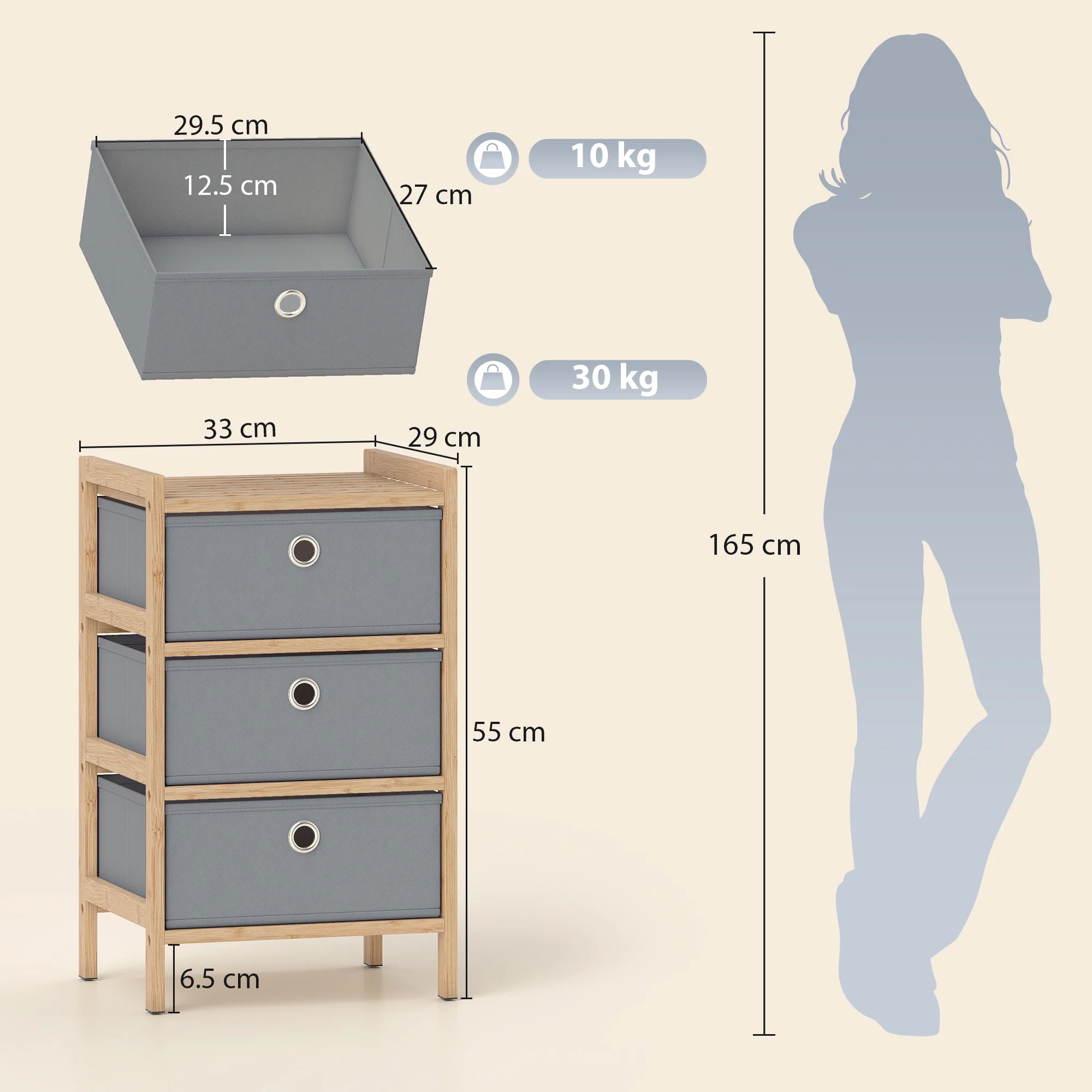 HOMCOM Chest of Drawers, 3 Drawers Dresser with Bamboo Frame, Light Grey - Image 3