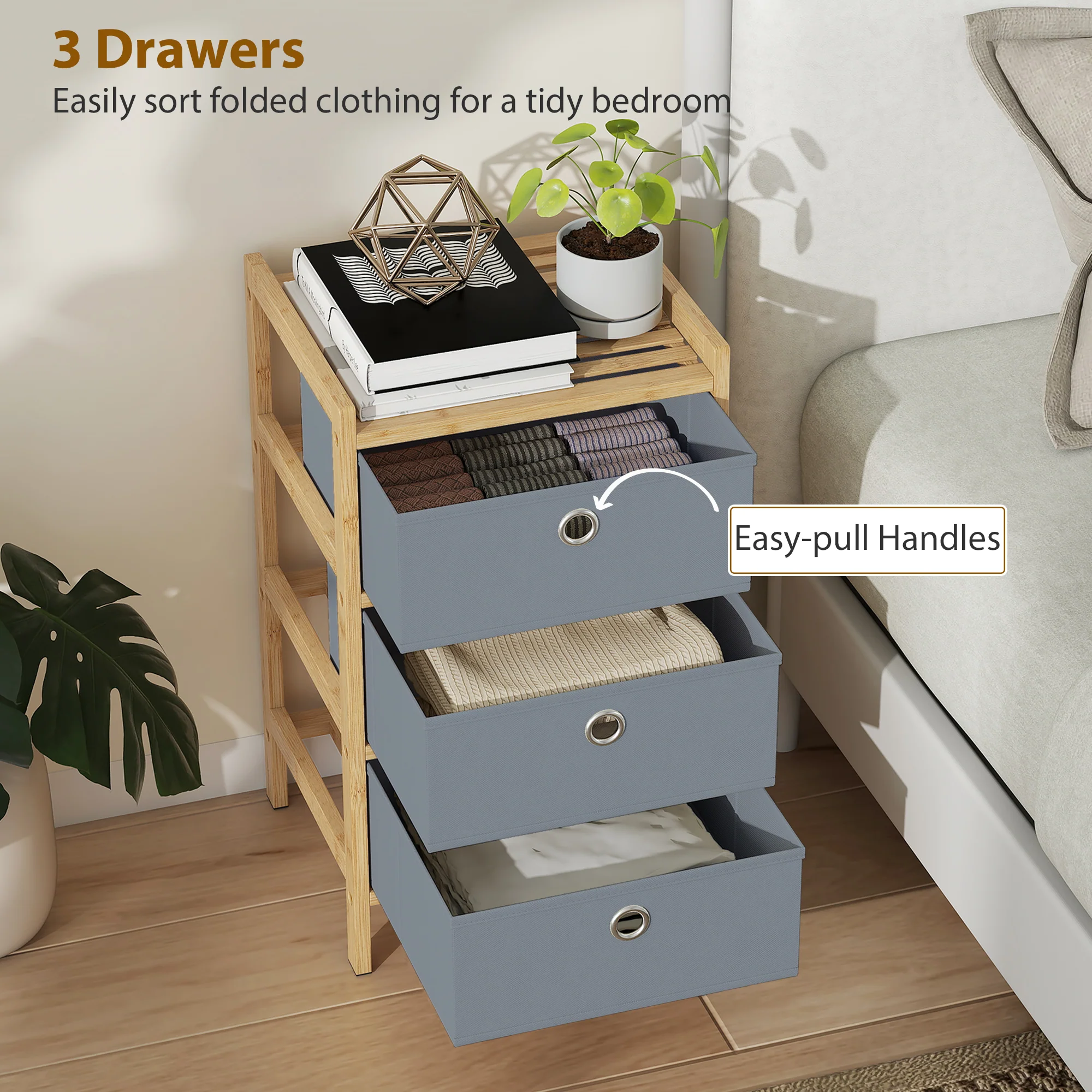 HOMCOM Chest of Drawers, 3 Drawers Dresser with Bamboo Frame, Light Grey - Image 4