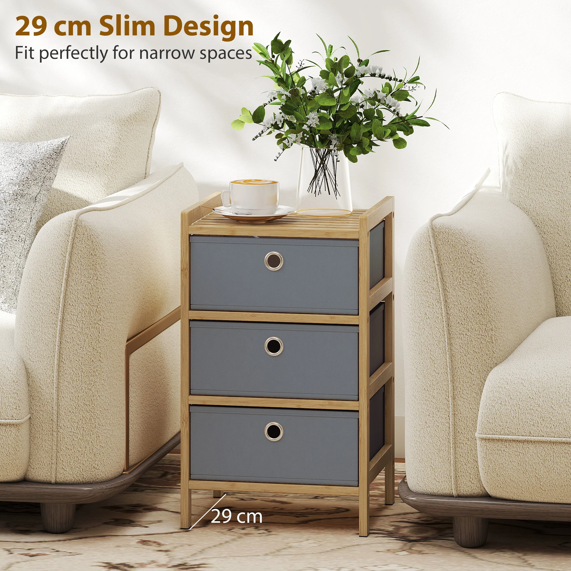 HOMCOM Chest of Drawers, 3 Drawers Dresser with Bamboo Frame, Light Grey - Image 6