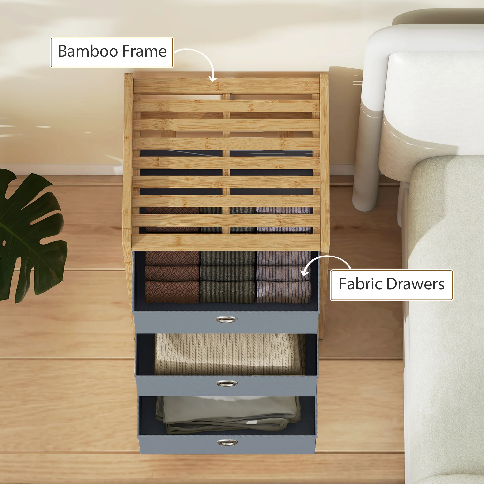 HOMCOM Chest of Drawers, 3 Drawers Dresser with Bamboo Frame, Light Grey - Image 7