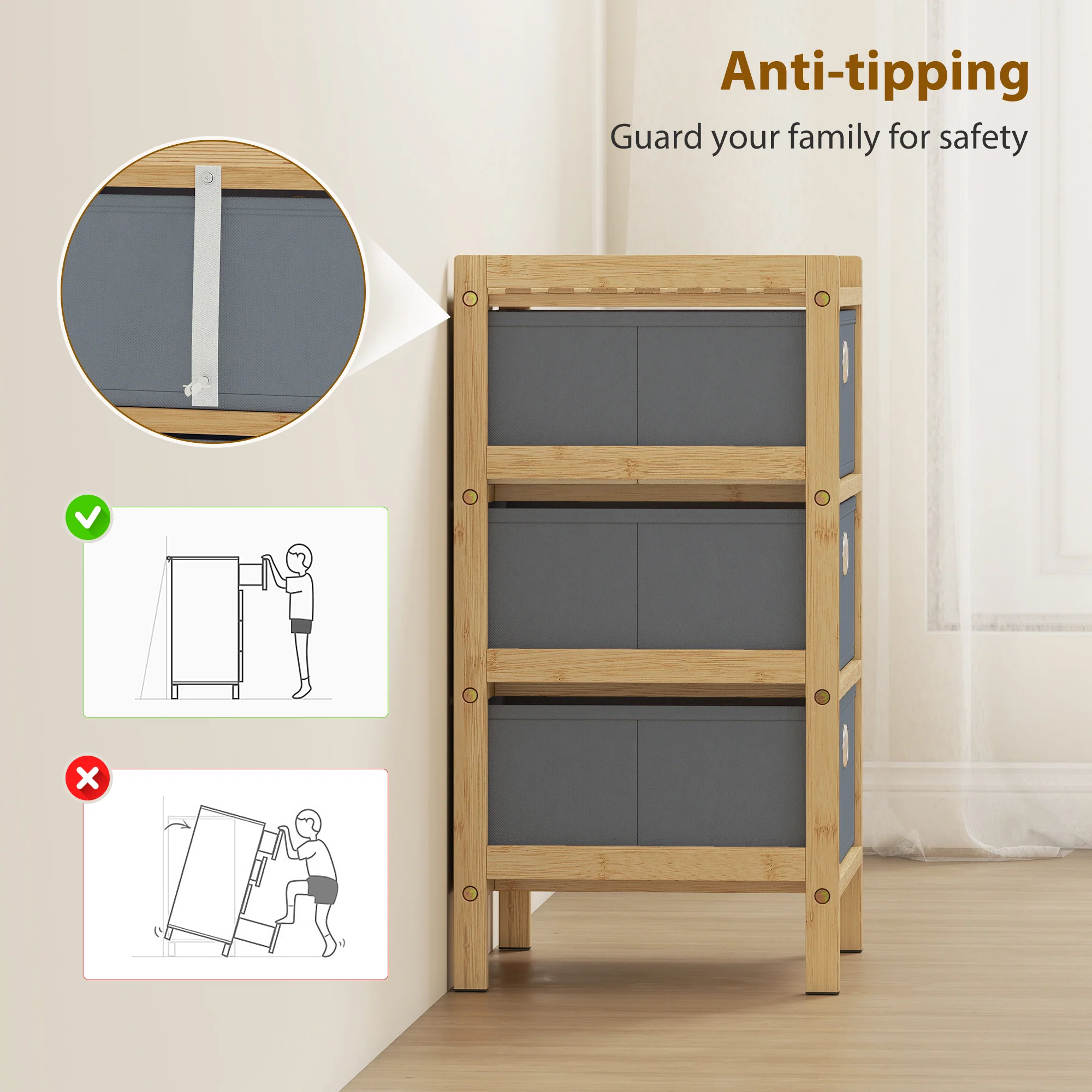 HOMCOM Chest of Drawers, 3 Drawers Dresser with Bamboo Frame, Light Grey - Image 8