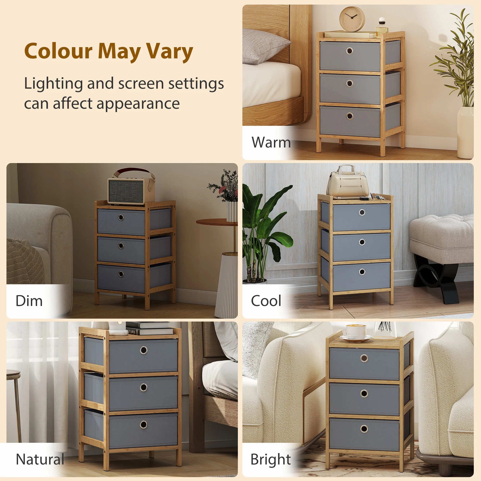HOMCOM Chest of Drawers, 3 Drawers Dresser with Bamboo Frame, Light Grey - Image 9