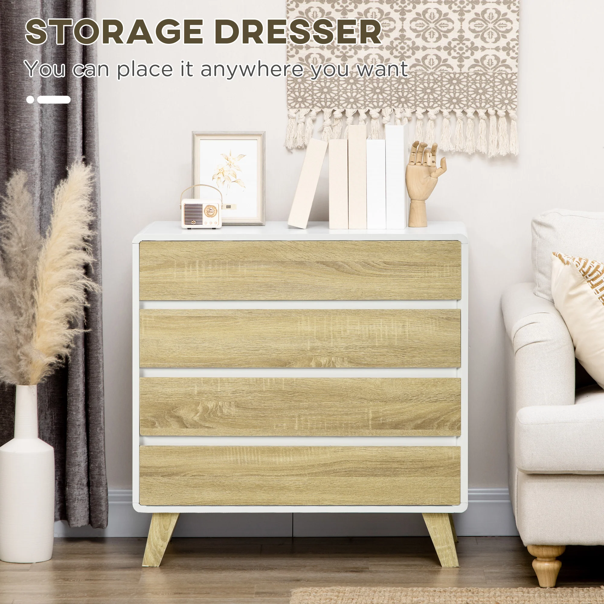 HOMCOM Chest of Drawers, 4 Drawer Storage Cabinet Organiser for Bedroom - Image 3