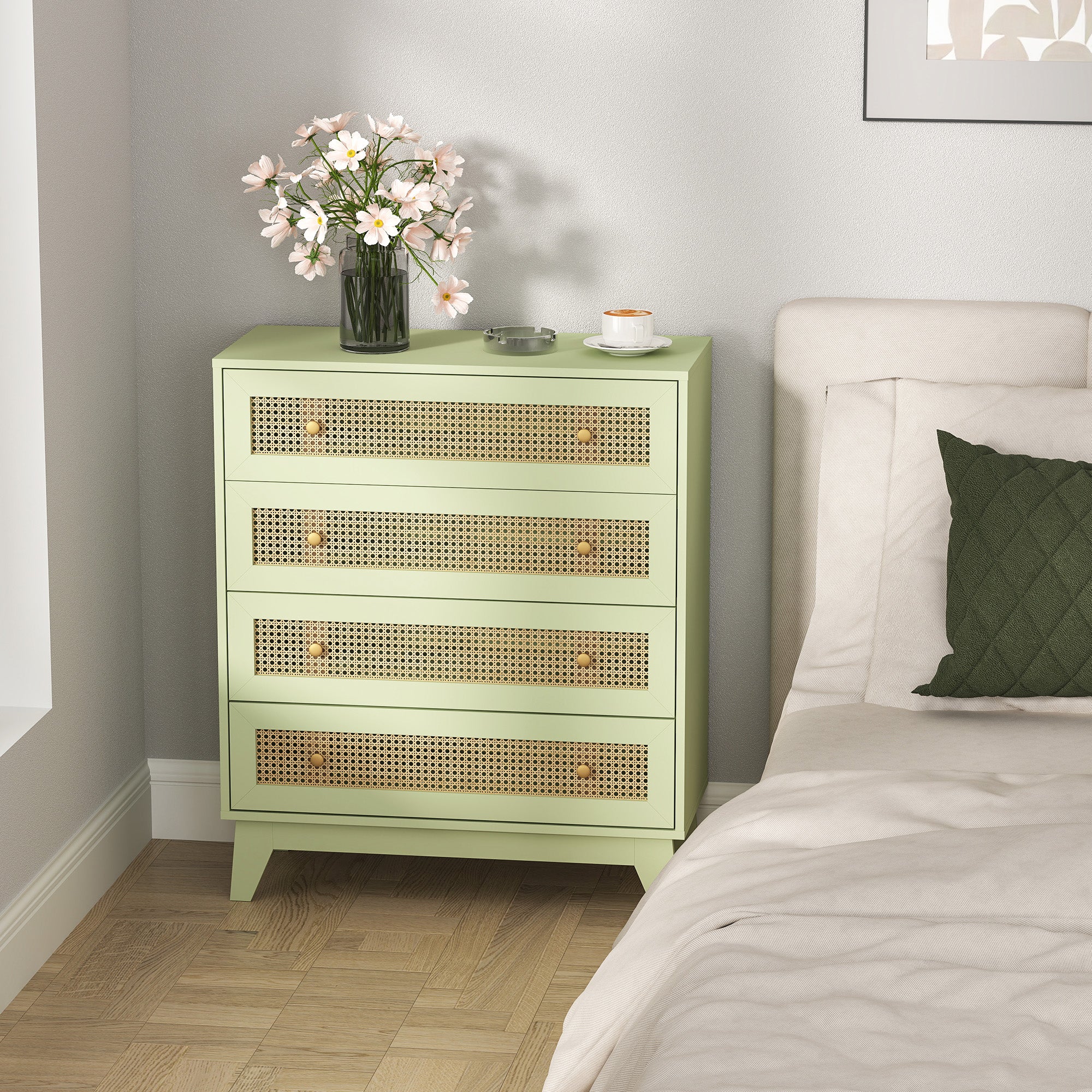 HOMCOM Chest of Drawers, 4 Drawer Unit Storage Organiser with Rattan Element - Image 8