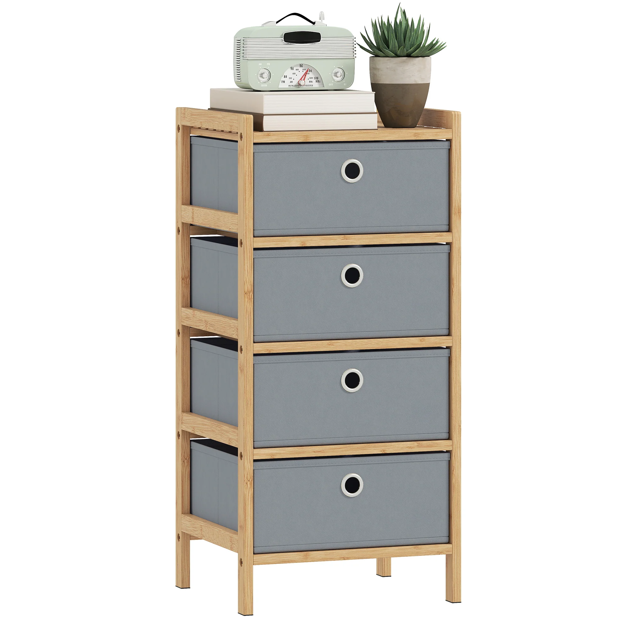 HOMCOM Chest of Drawers, 4 Drawers Dresser with Bamboo Frame, Light Grey