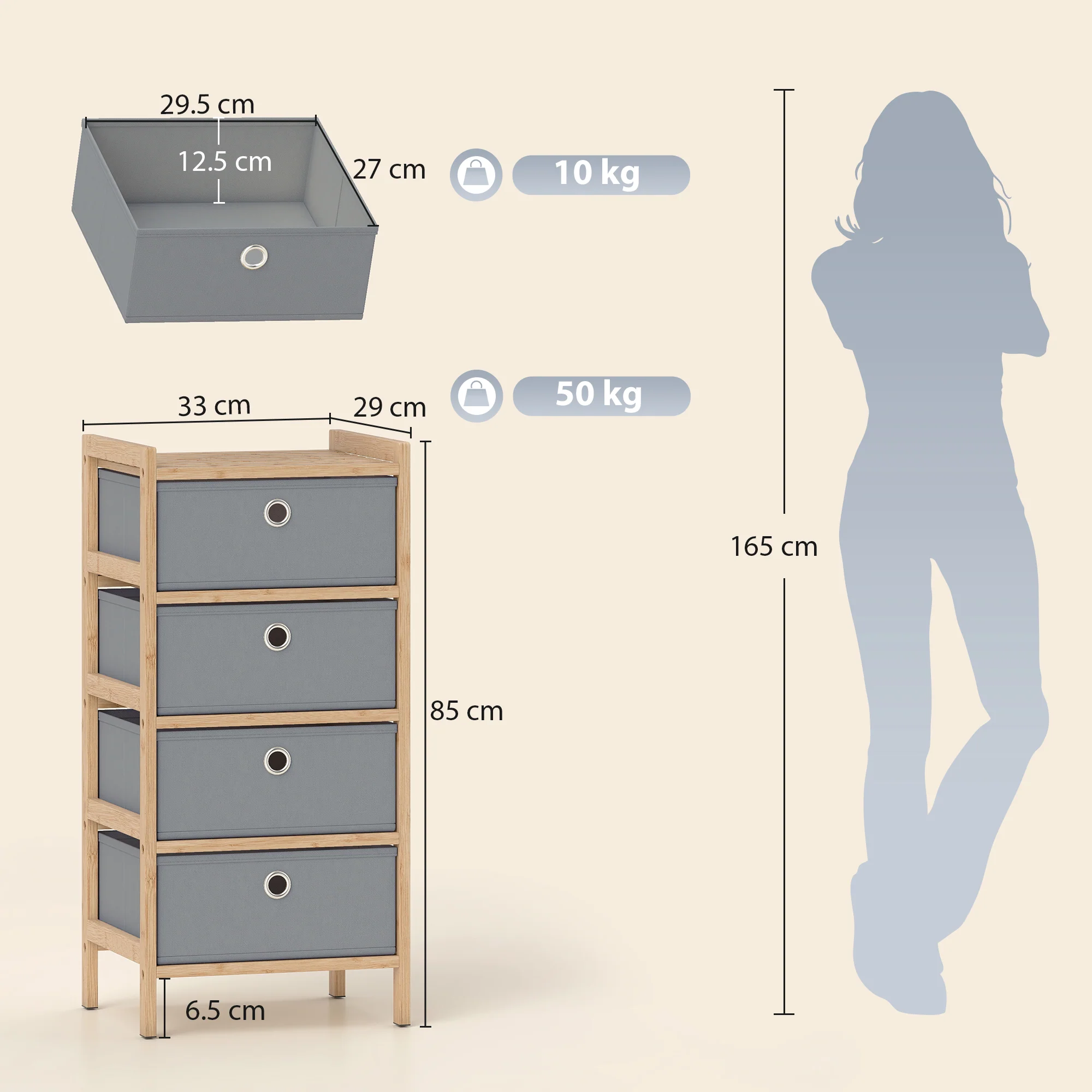 HOMCOM Chest of Drawers, 4 Drawers Dresser with Bamboo Frame, Light Grey - Image 3