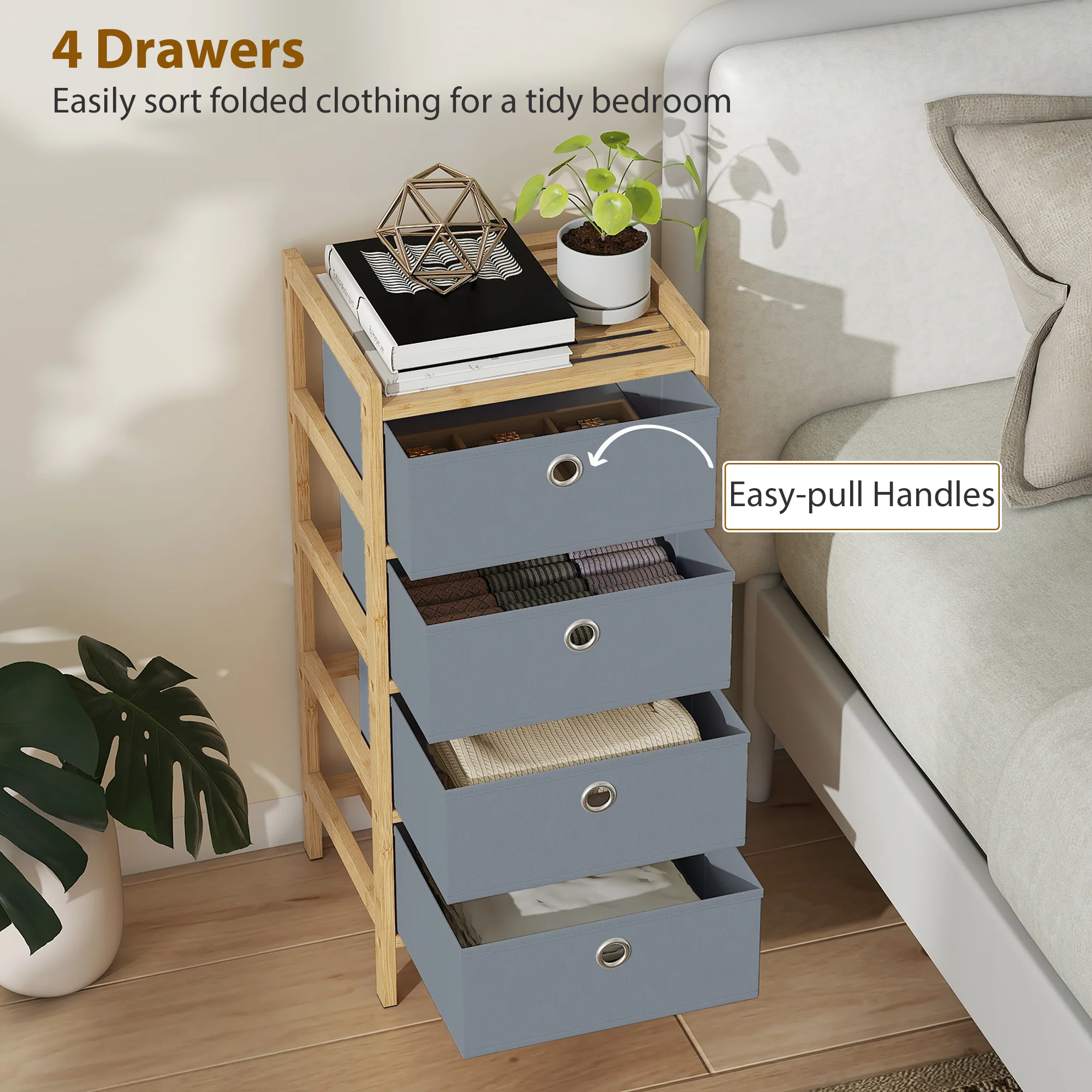 HOMCOM Chest of Drawers, 4 Drawers Dresser with Bamboo Frame, Light Grey - Image 4