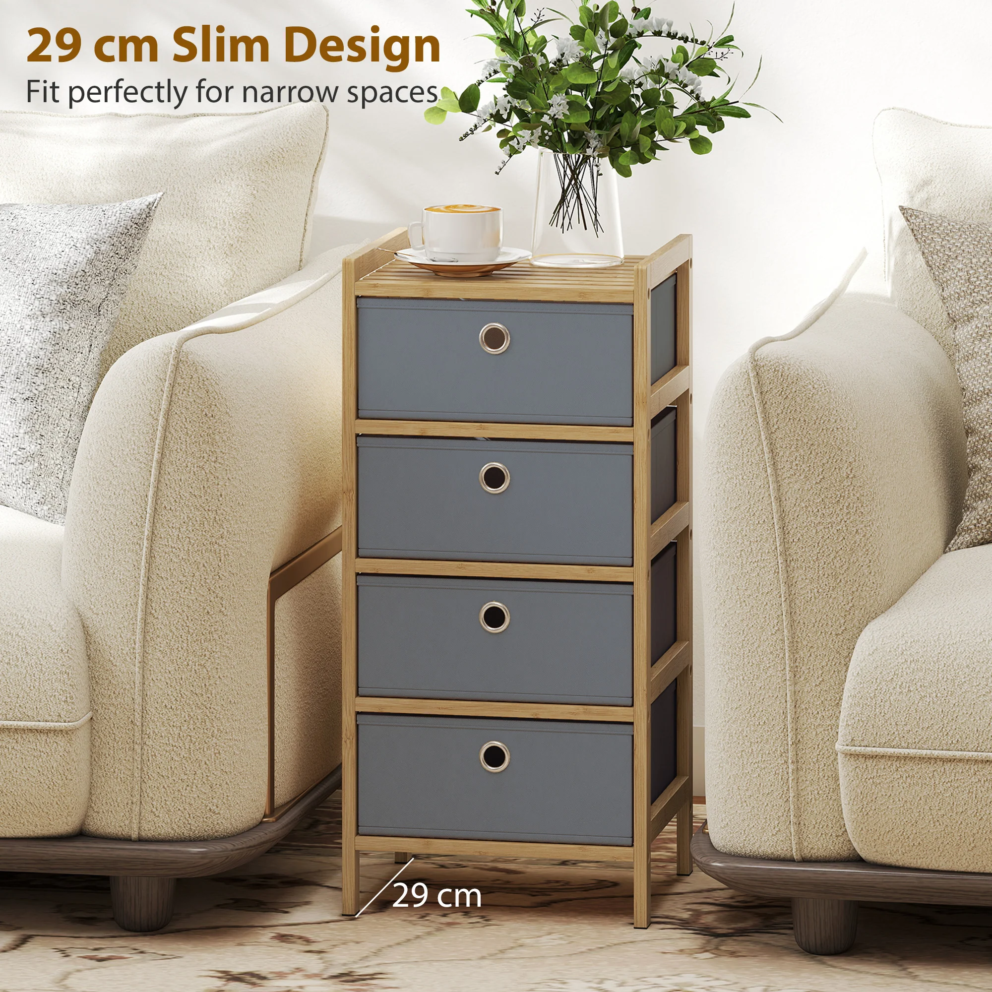 HOMCOM Chest of Drawers, 4 Drawers Dresser with Bamboo Frame, Light Grey - Image 6