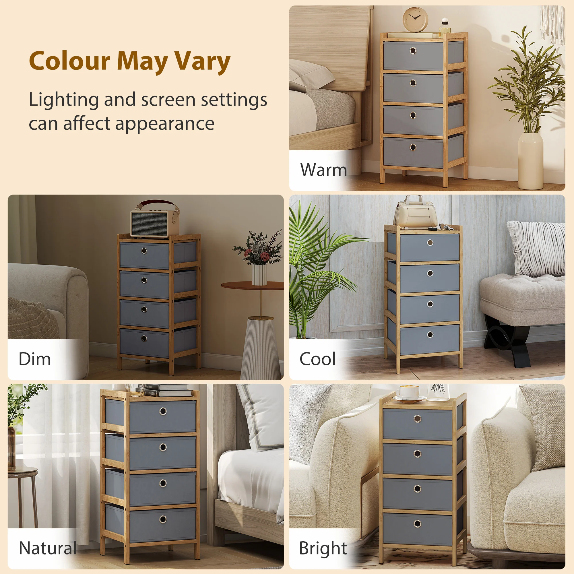 HOMCOM Chest of Drawers, 4 Drawers Dresser with Bamboo Frame, Light Grey - Image 9