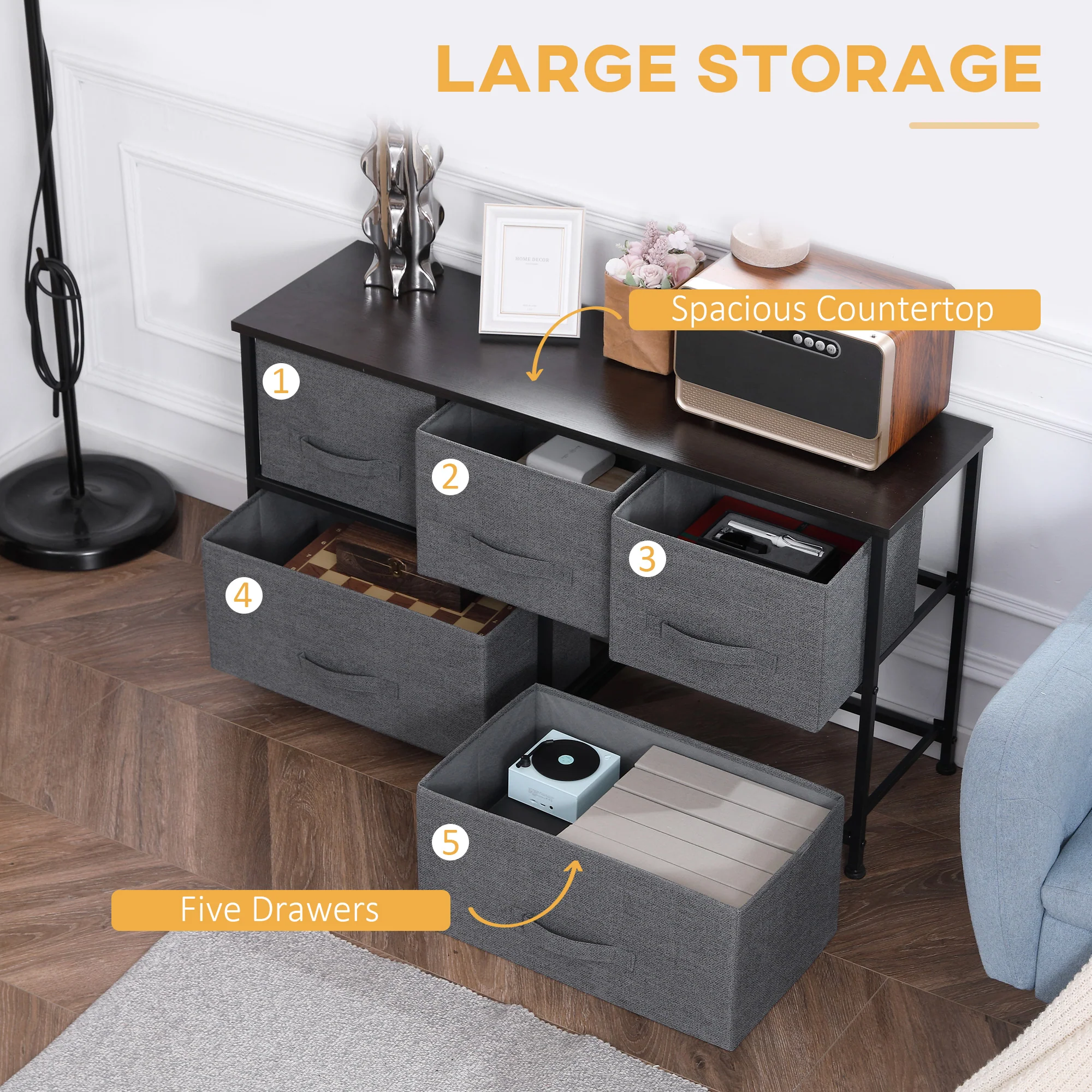 HOMCOM Chest Of Drawers, 5 Drawer Fabric Dresser For Bedroom, Dark Grey - Image 3