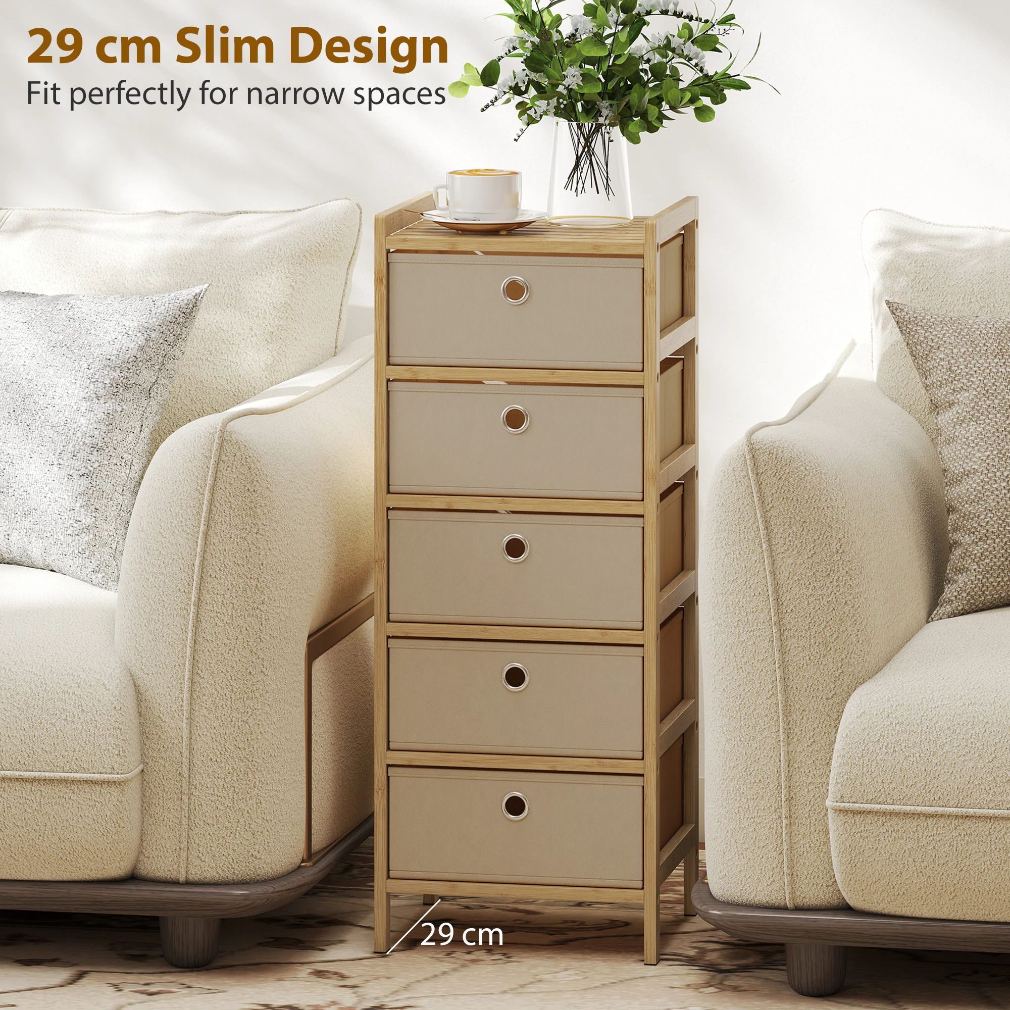 HOMCOM Chest of Drawers, 5 Drawers Dresser with Bamboo Frame, Cream White - Image 6