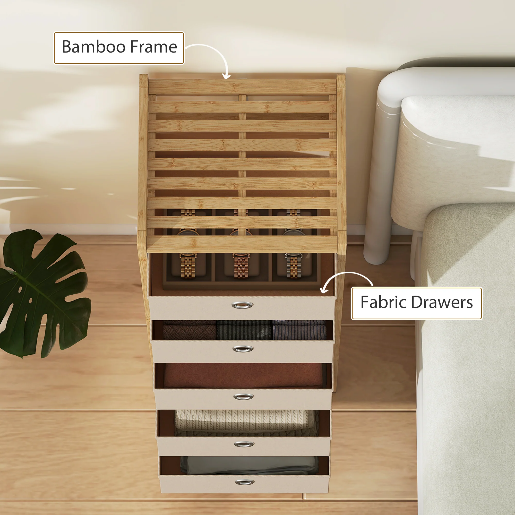 HOMCOM Chest of Drawers, 5 Drawers Dresser with Bamboo Frame, Cream White - Image 7