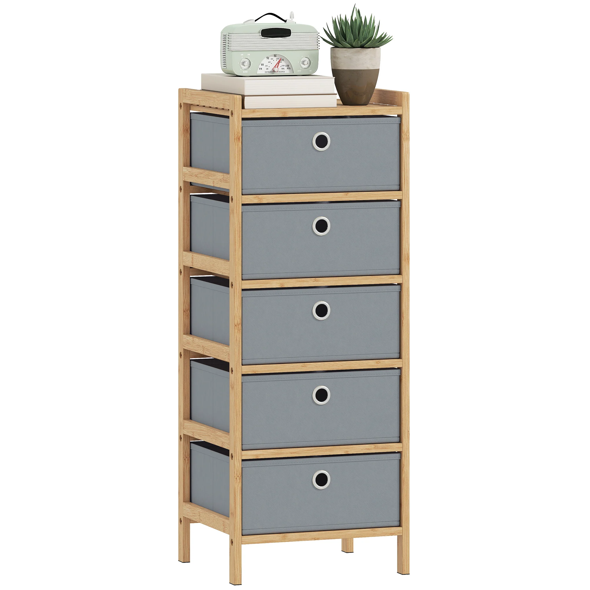 HOMCOM Chest of Drawers, 5 Drawers Dresser with Bamboo Frame, Light Grey