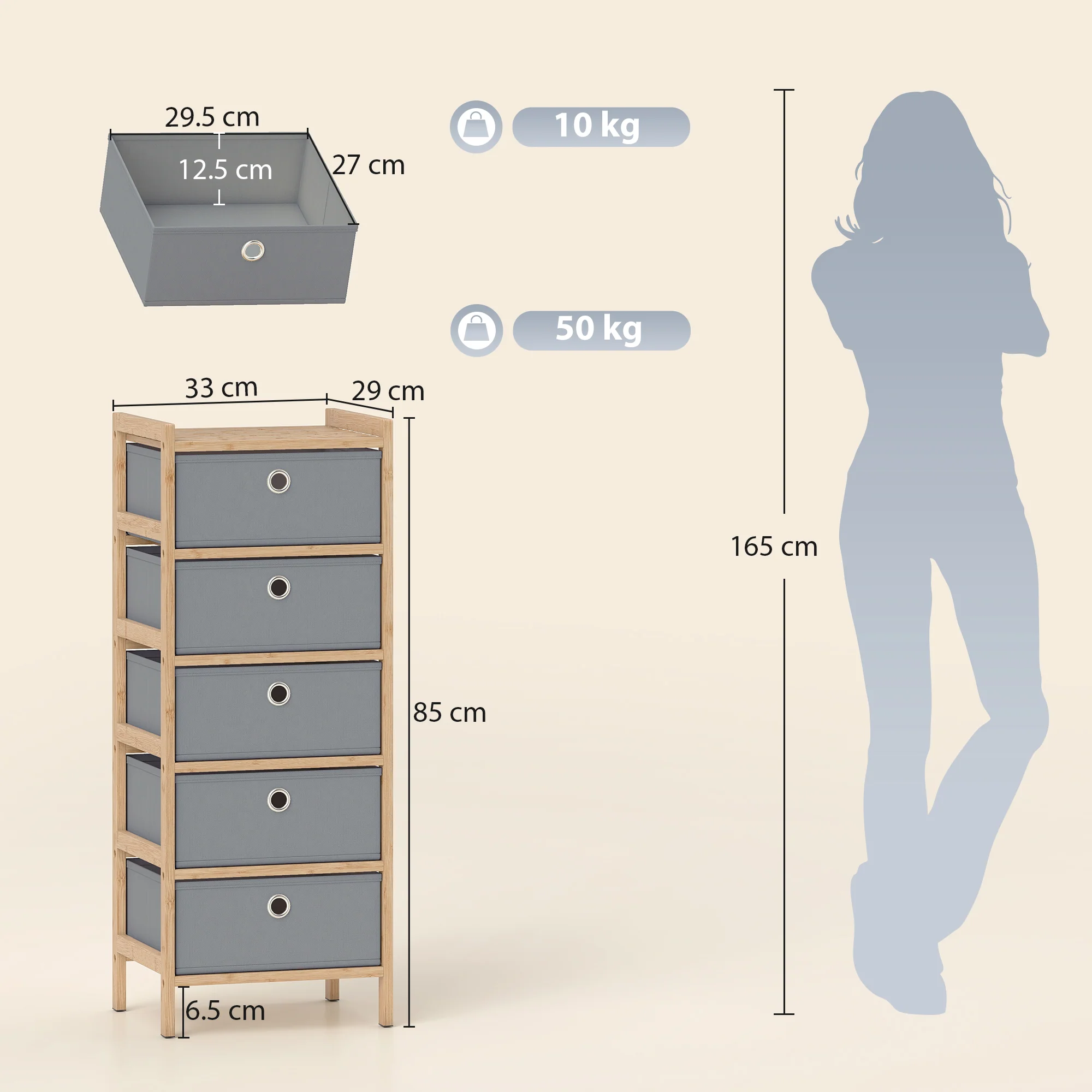 HOMCOM Chest of Drawers, 5 Drawers Dresser with Bamboo Frame, Light Grey - Image 3