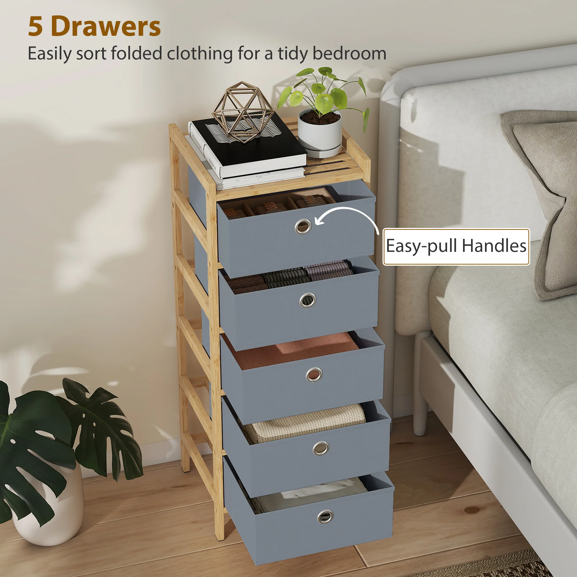 HOMCOM Chest of Drawers, 5 Drawers Dresser with Bamboo Frame, Light Grey - Image 4