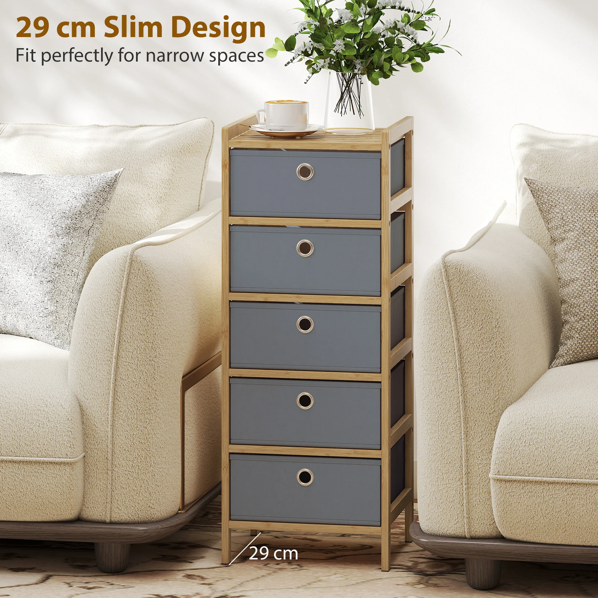 HOMCOM Chest of Drawers, 5 Drawers Dresser with Bamboo Frame, Light Grey - Image 6