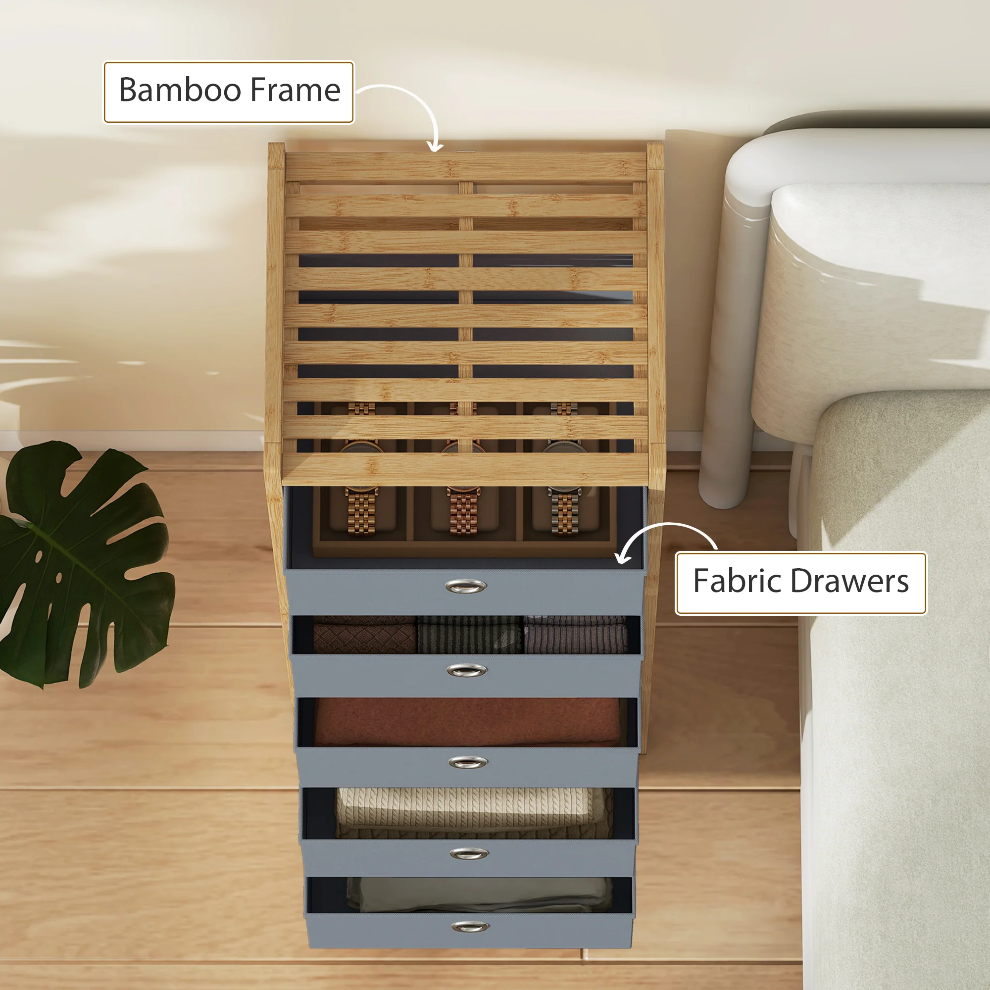 HOMCOM Chest of Drawers, 5 Drawers Dresser with Bamboo Frame, Light Grey - Image 7