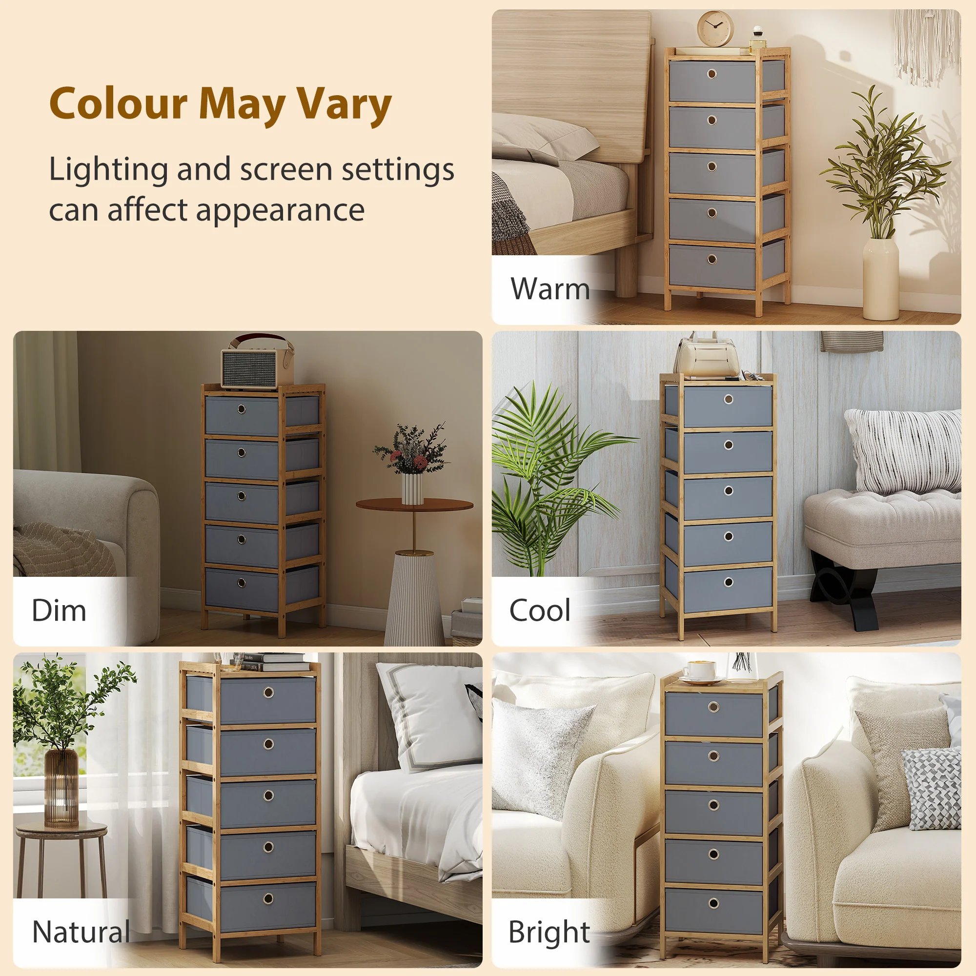 HOMCOM Chest of Drawers, 5 Drawers Dresser with Bamboo Frame, Light Grey - Image 9