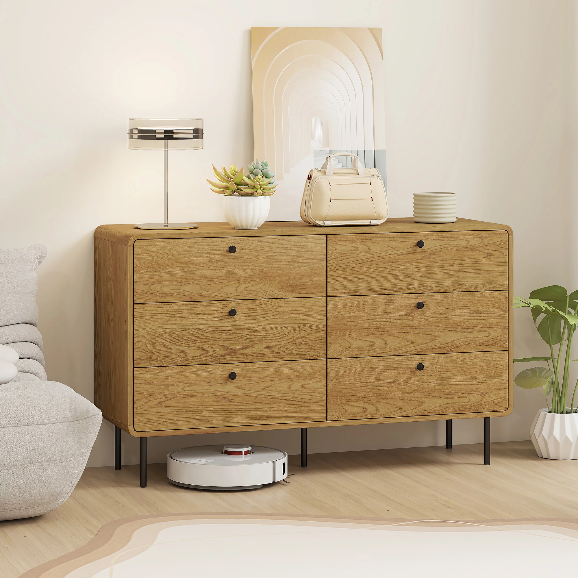 HOMCOM Chest of Drawers for Bedroom, Modern 6 Drawer Dresser, Oak - Image 2