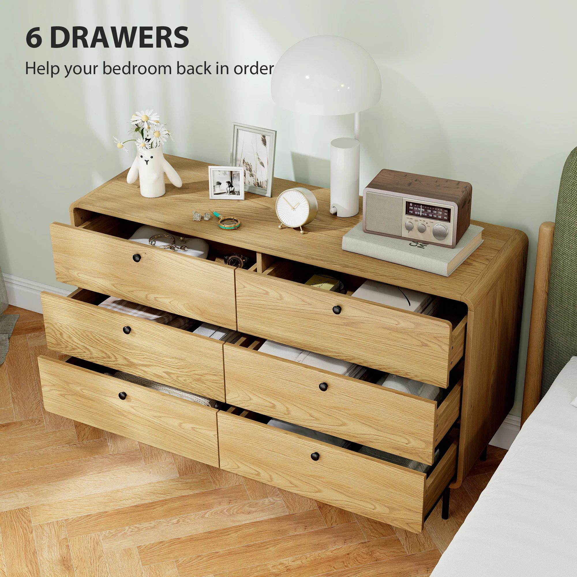 HOMCOM Chest of Drawers for Bedroom, Modern 6 Drawer Dresser, Oak - Image 3