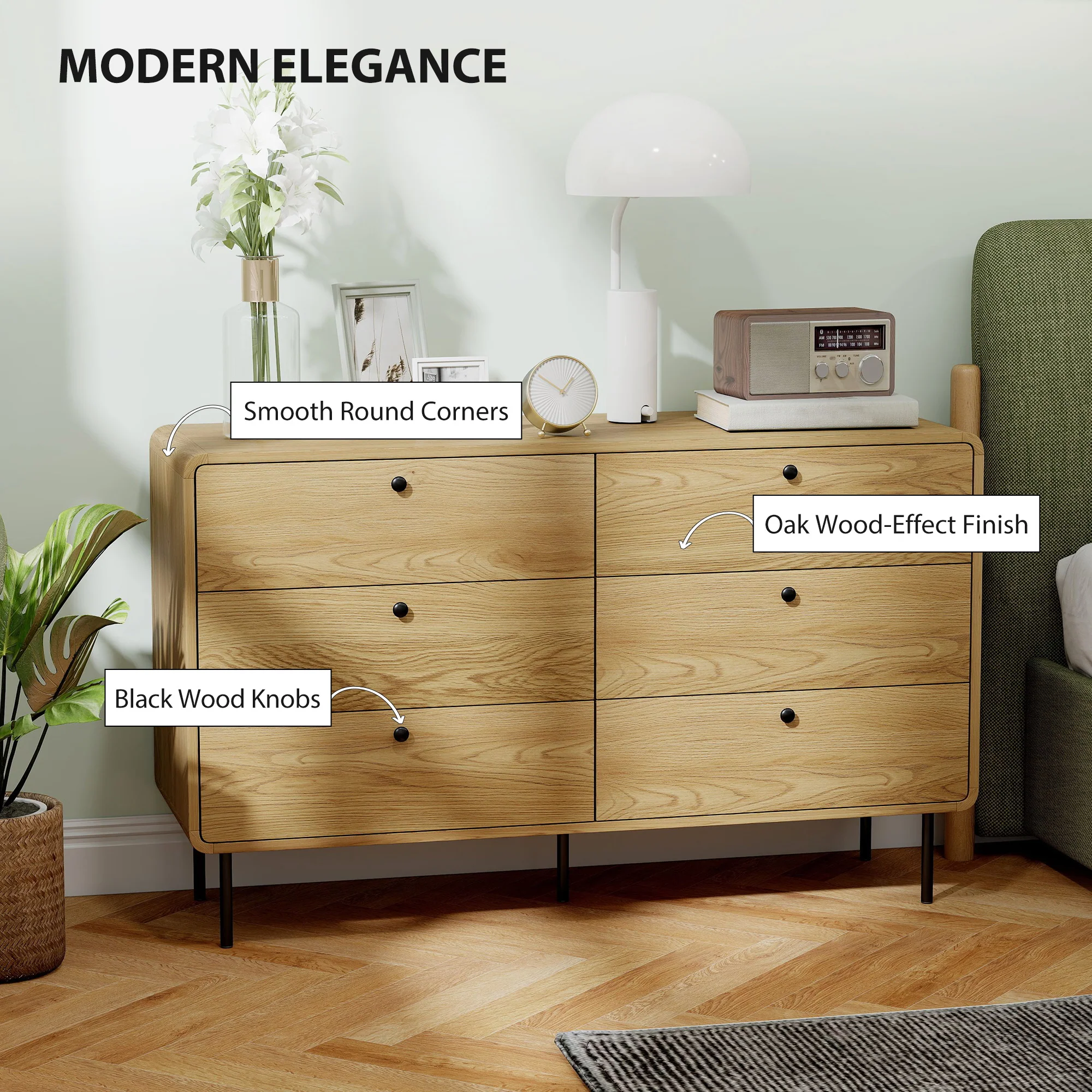 HOMCOM Chest of Drawers for Bedroom, Modern 6 Drawer Dresser, Oak - Image 4